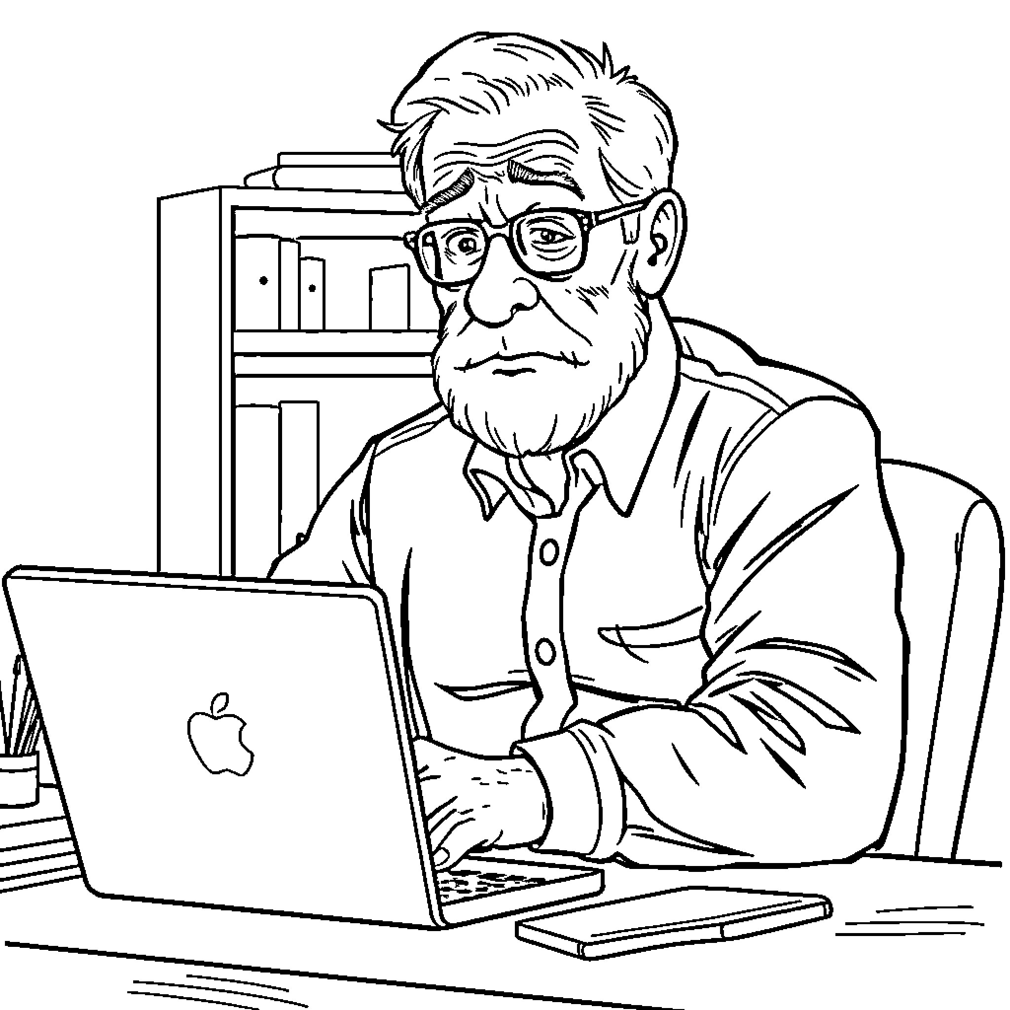 Grandfather working diligently at laptop in home office Coloring Page (free black-and-white line drawing printable PDF for all, from beginners to advanced learners, including children, teens, adults, and seniors)