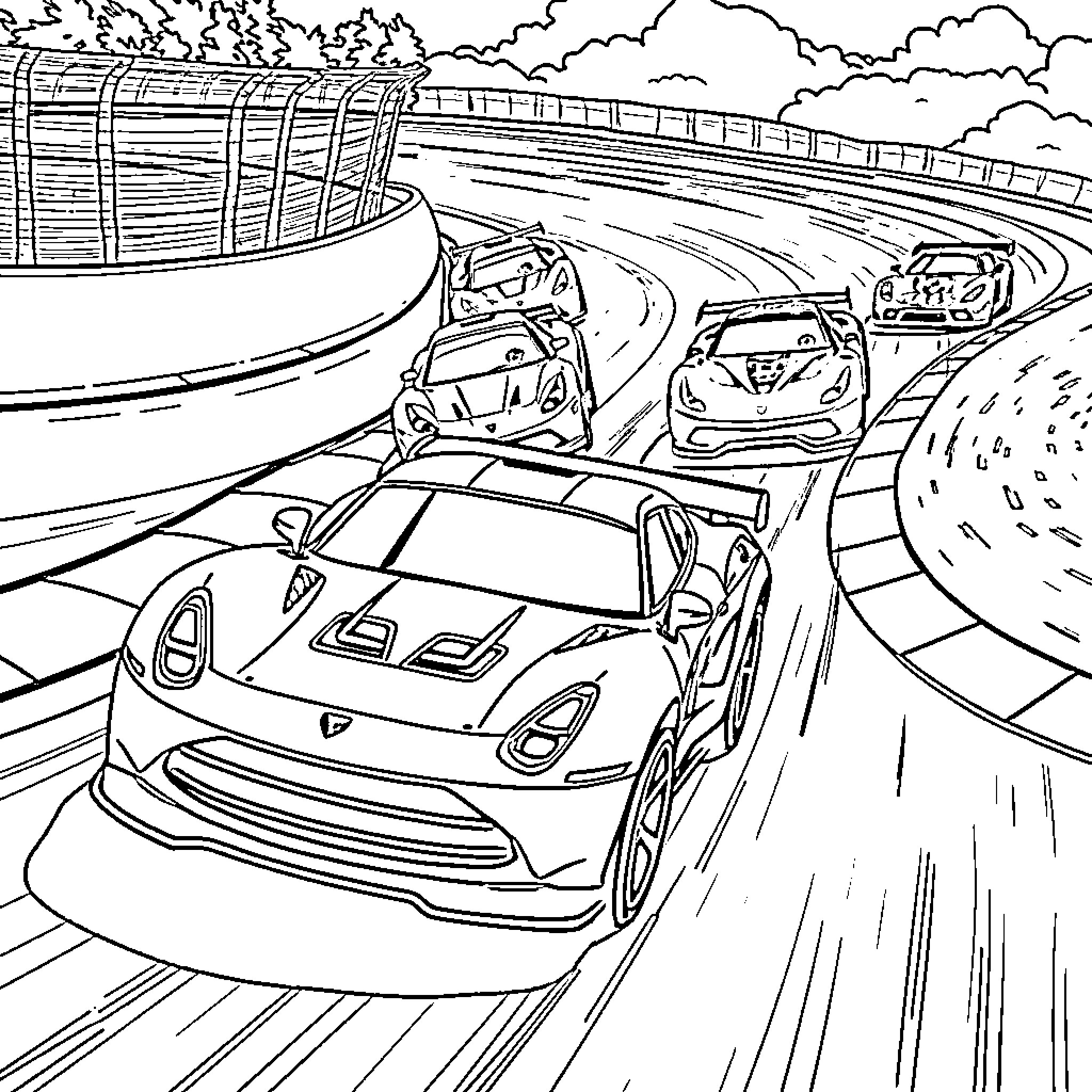 Car Racing on Winding Road through Mountains Coloring Page (free black-and-white line drawing printable PDF for all, from beginners to advanced learners, including children, teens, adults, and seniors)