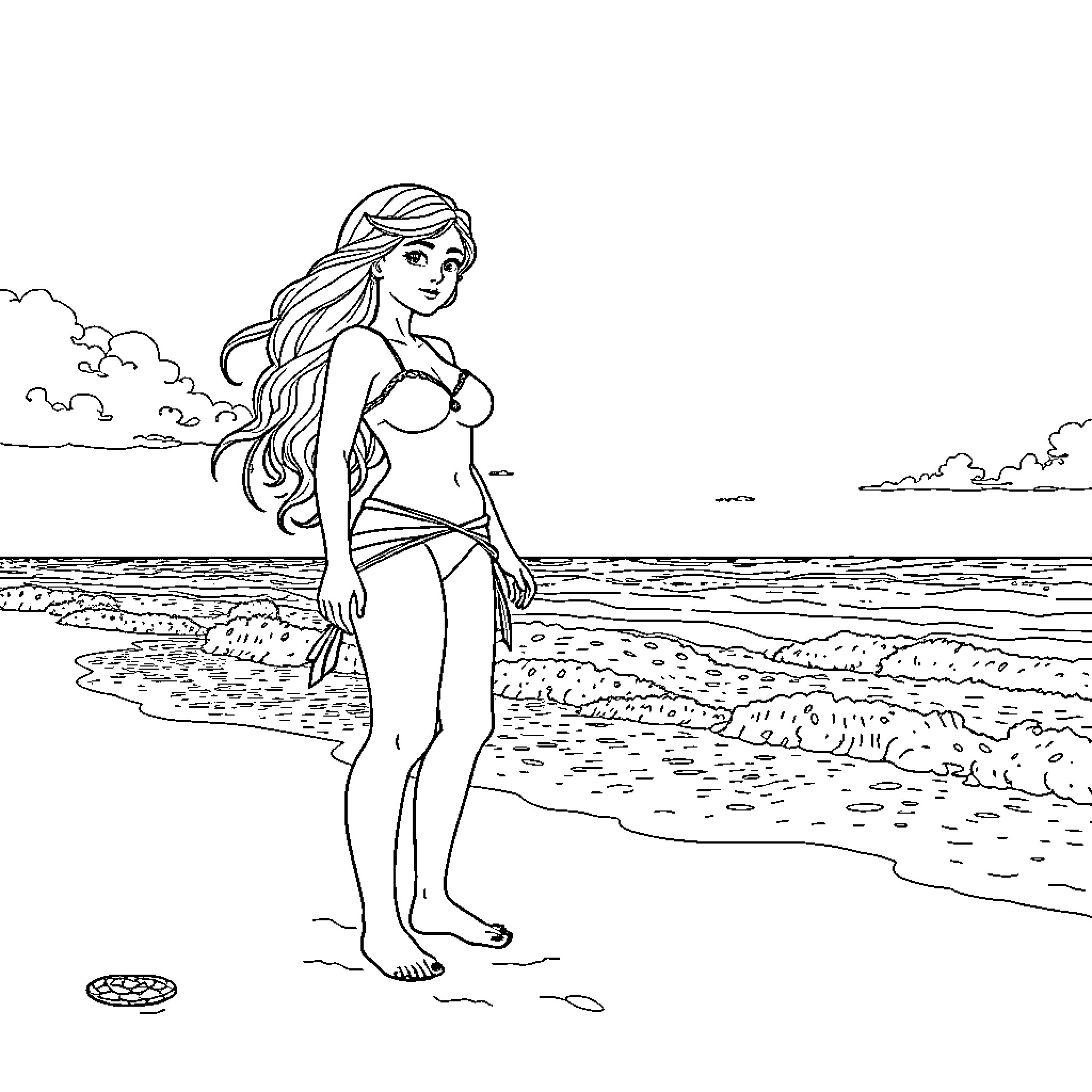 Aloy Exploring the Seaside Shores Coloring Page (free black-and-white line drawing printable PDF for all, from beginners to advanced learners, including children, teens, adults, and seniors)