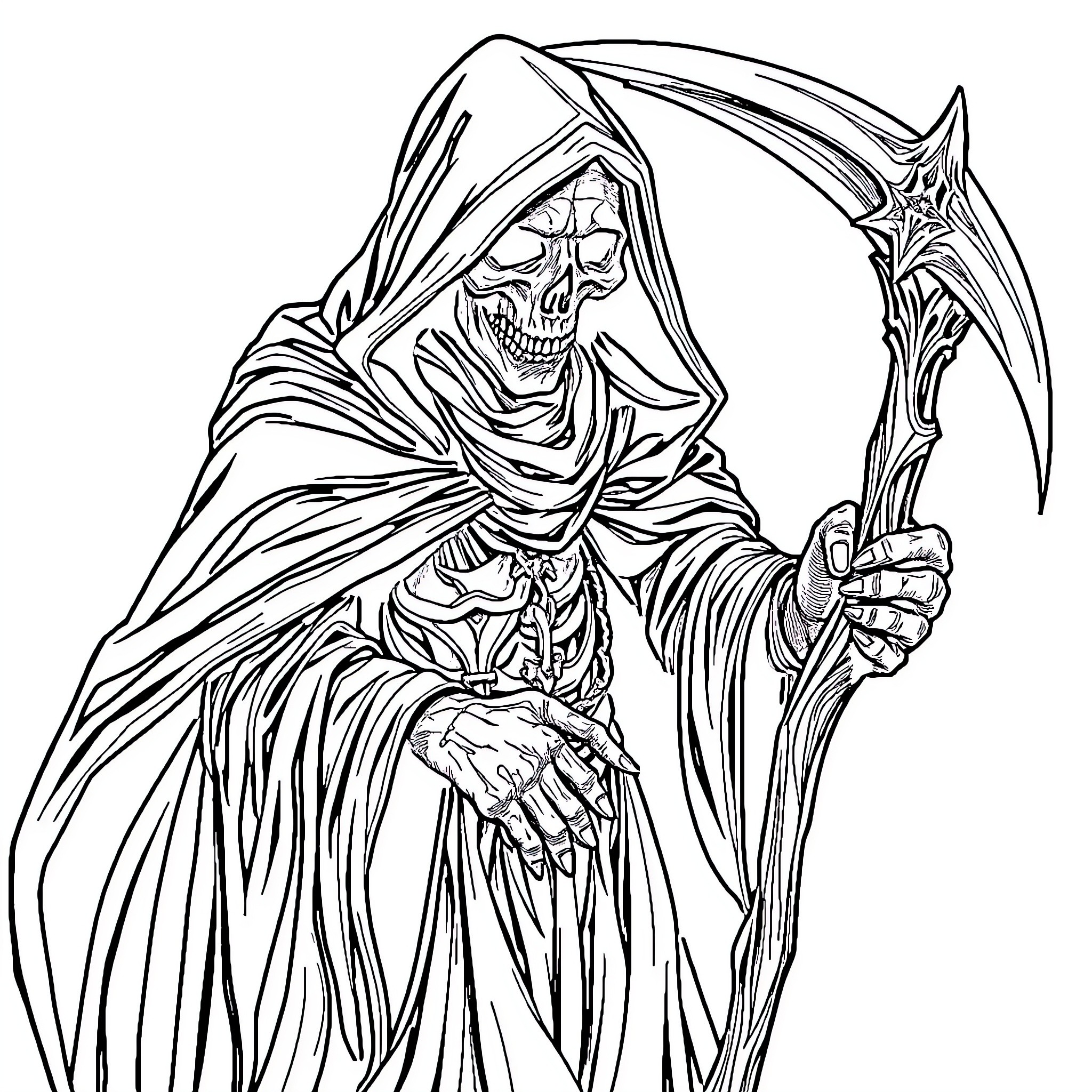 Grim Reaper wielding a scythe in a menacing pose Coloring Page (free black-and-white line drawing printable PDF for all, from beginners to advanced learners, including children, teens, adults, and seniors)