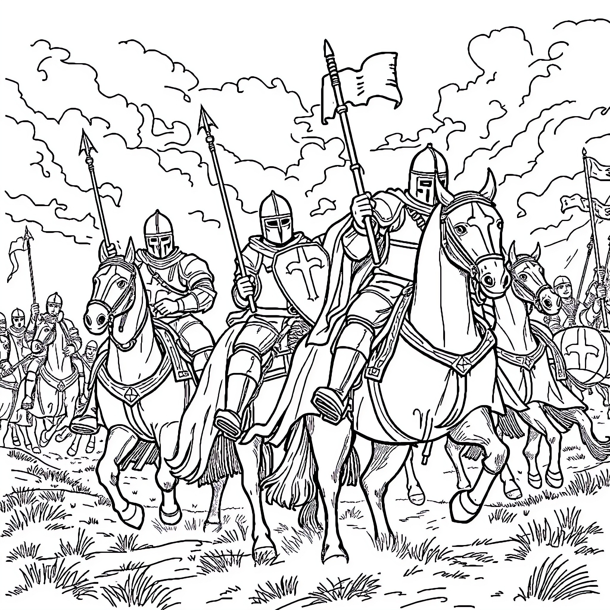 Crusades: Knights on Horseback Marching into Battle Coloring Page (free black-and-white line drawing printable PDF for all, from beginners to advanced learners, including children, teens, adults, and seniors)