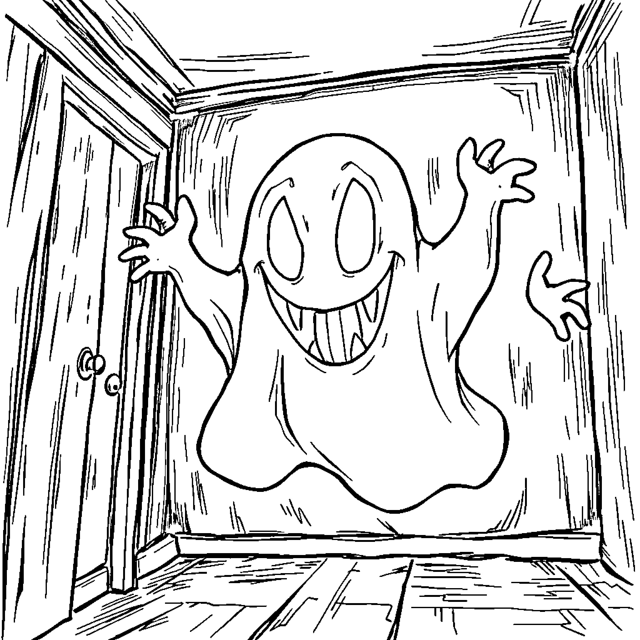 Ghost appearing through a doorway Coloring Page (free black-and-white line drawing printable PDF for all, from beginners to advanced learners, including children, teens, adults, and seniors)
