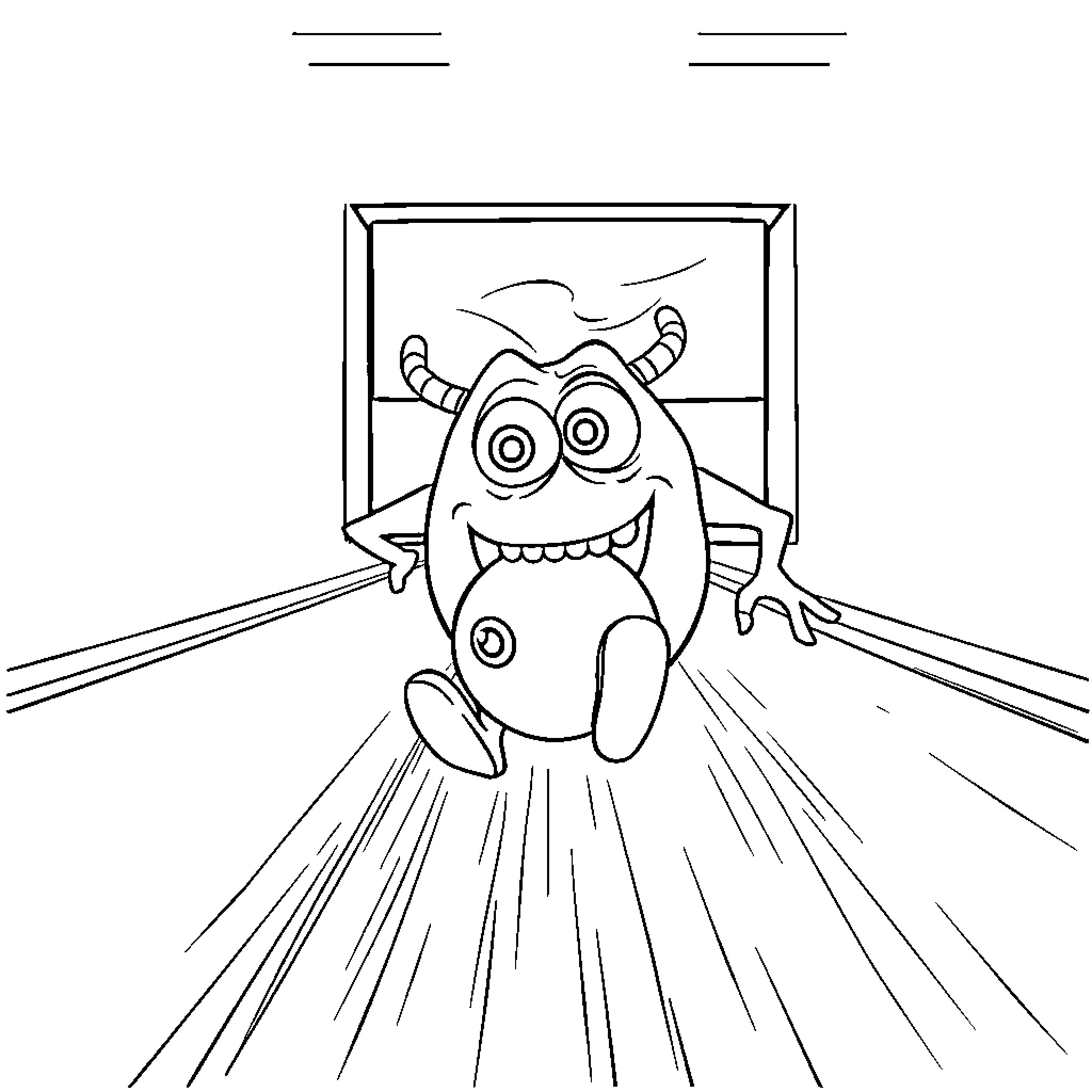 Mike Wazowski emerging from a door with excitement Coloring Page (free black-and-white line drawing printable PDF for all, from beginners to advanced learners, including children, teens, adults, and seniors)