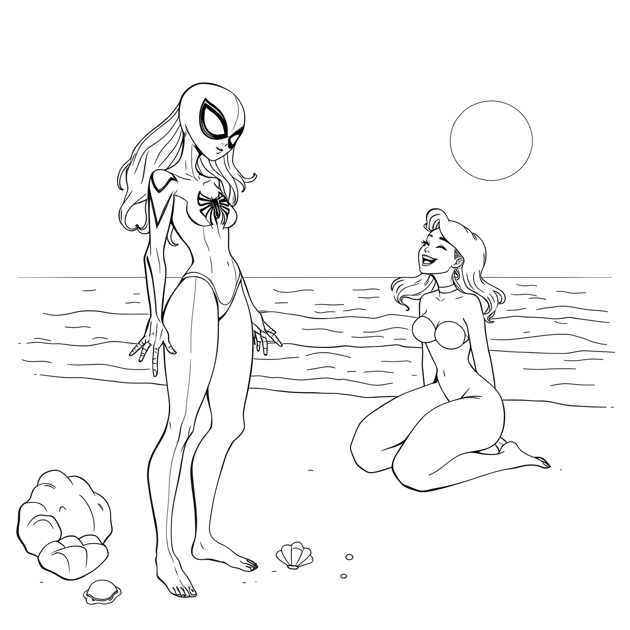 Spider Gwen and her companion enjoying the beach Coloring Page (free black-and-white line drawing printable PDF for all, from beginners to advanced learners, including children, teens, adults, and seniors)
