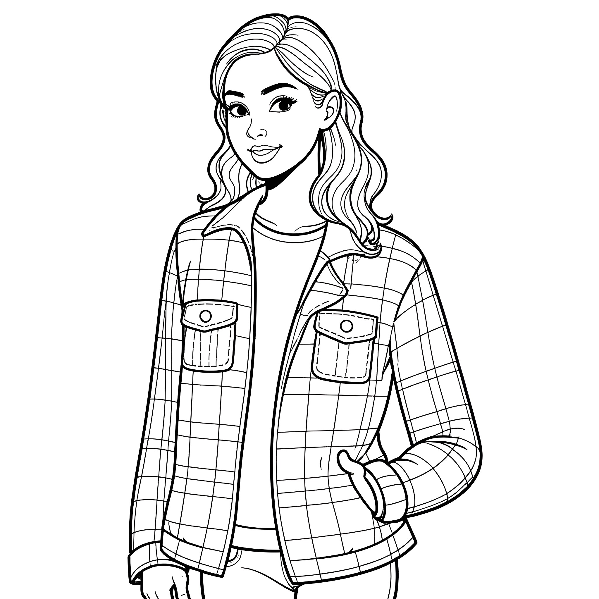 Flannel-Clad Young Woman in a Thoughtful Pose Coloring Page (free black-and-white line drawing printable PDF for all, from beginners to advanced learners, including children, teens, adults, and seniors)