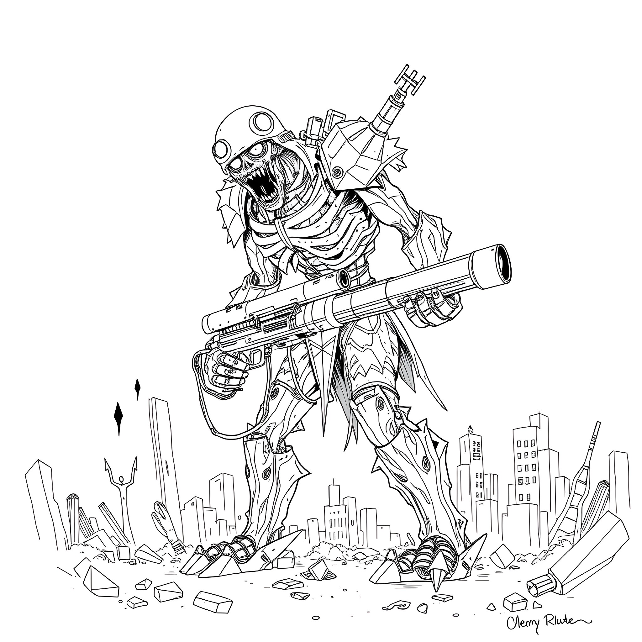 Nemesis: Mutant Creature Wreaking Havoc in the City Coloring Page (free black-and-white line drawing printable PDF for all, from beginners to advanced learners, including children, teens, adults, and seniors)