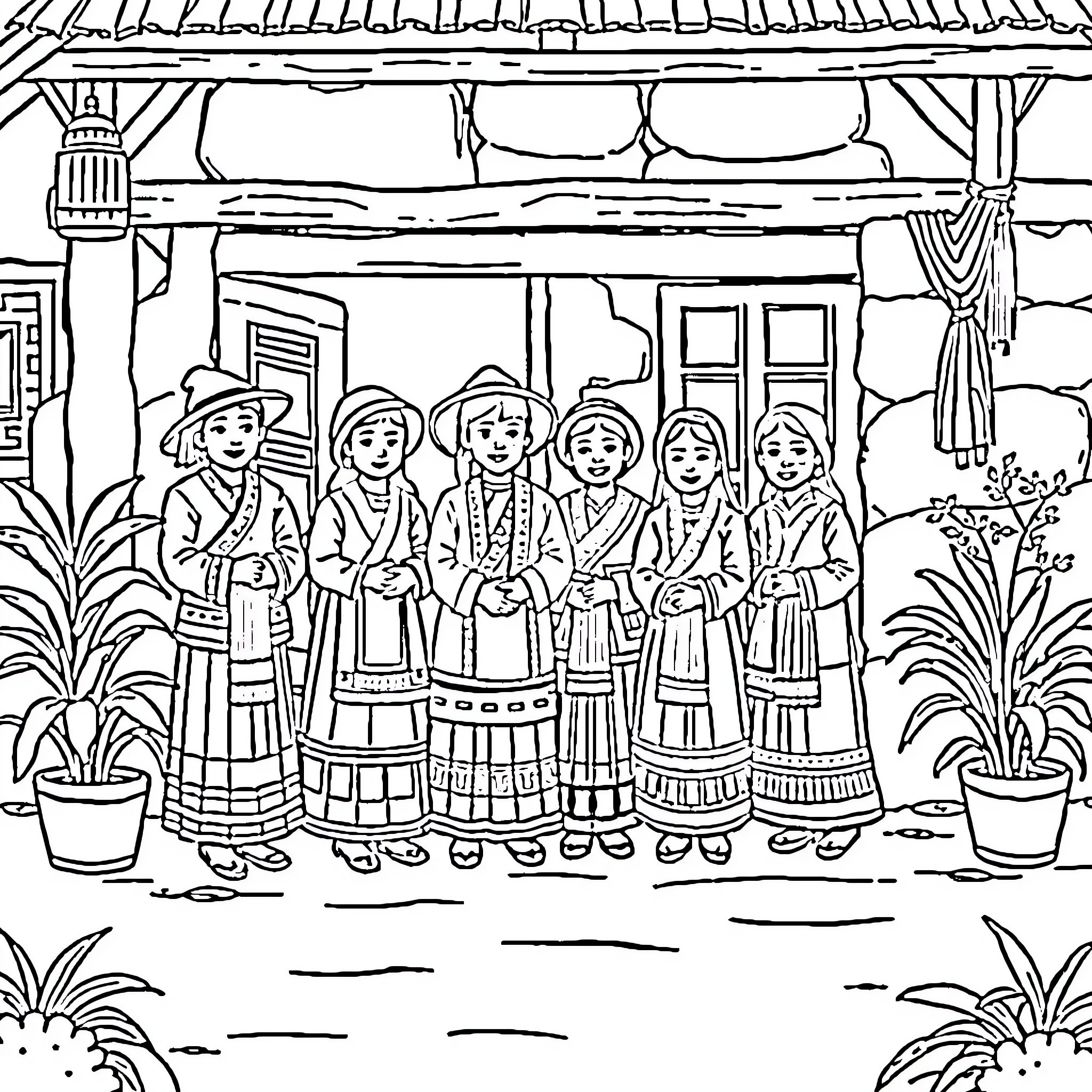 Hmong Family Gathering in Traditional Attire Coloring Page (free black-and-white line drawing printable PDF for all, from beginners to advanced learners, including children, teens, adults, and seniors)