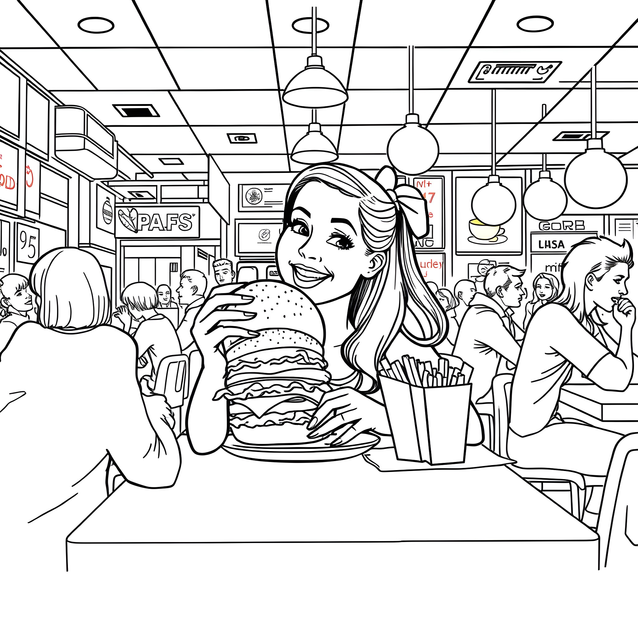Woman enjoys a burger and fries in a diner Coloring Page (free black-and-white line drawing printable PDF for all, from beginners to advanced learners, including children, teens, adults, and seniors)