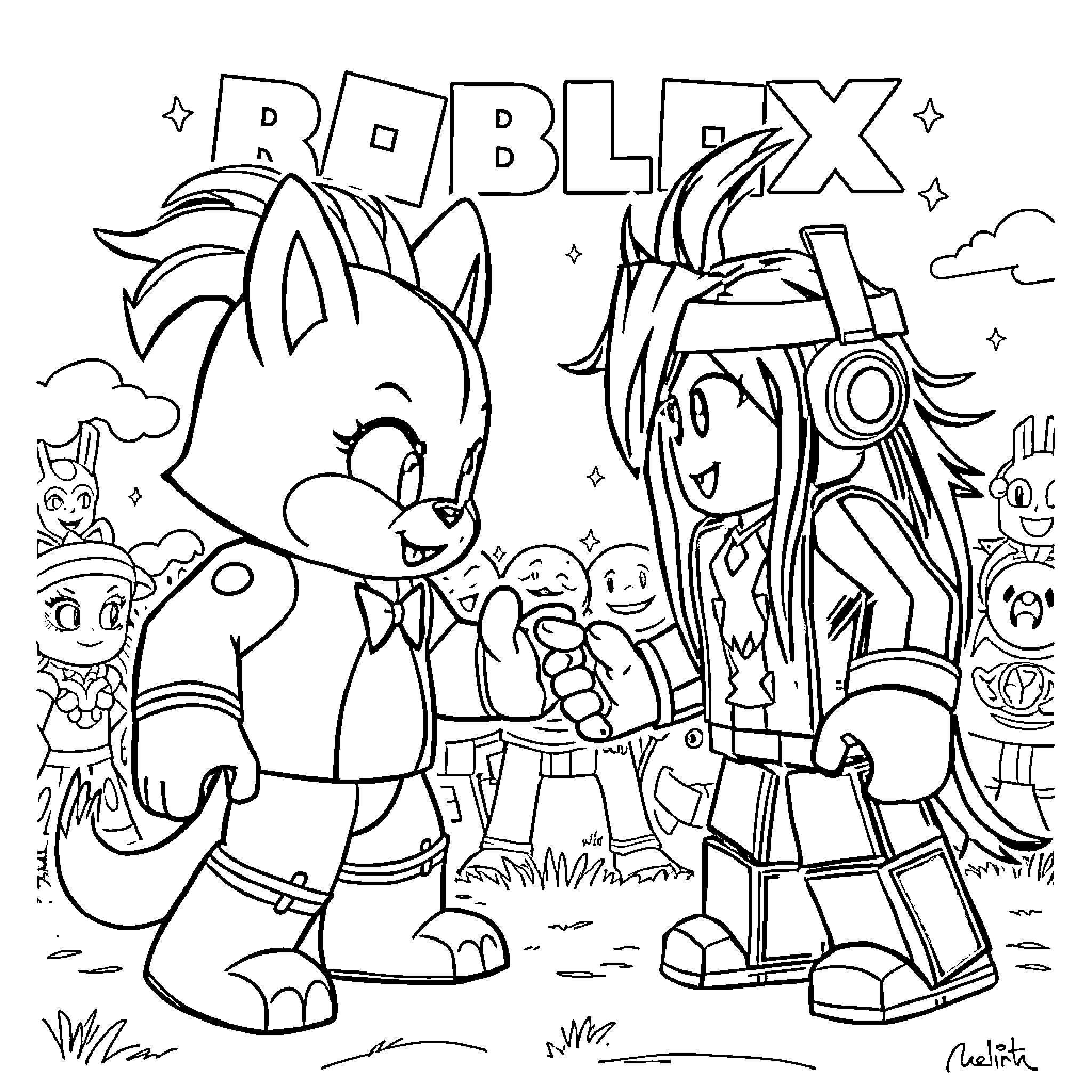 Sprunki characters playing in a fun Roblox scene Coloring Page (free black-and-white line drawing printable PDF for all, from beginners to advanced learners, including children, teens, adults, and seniors)