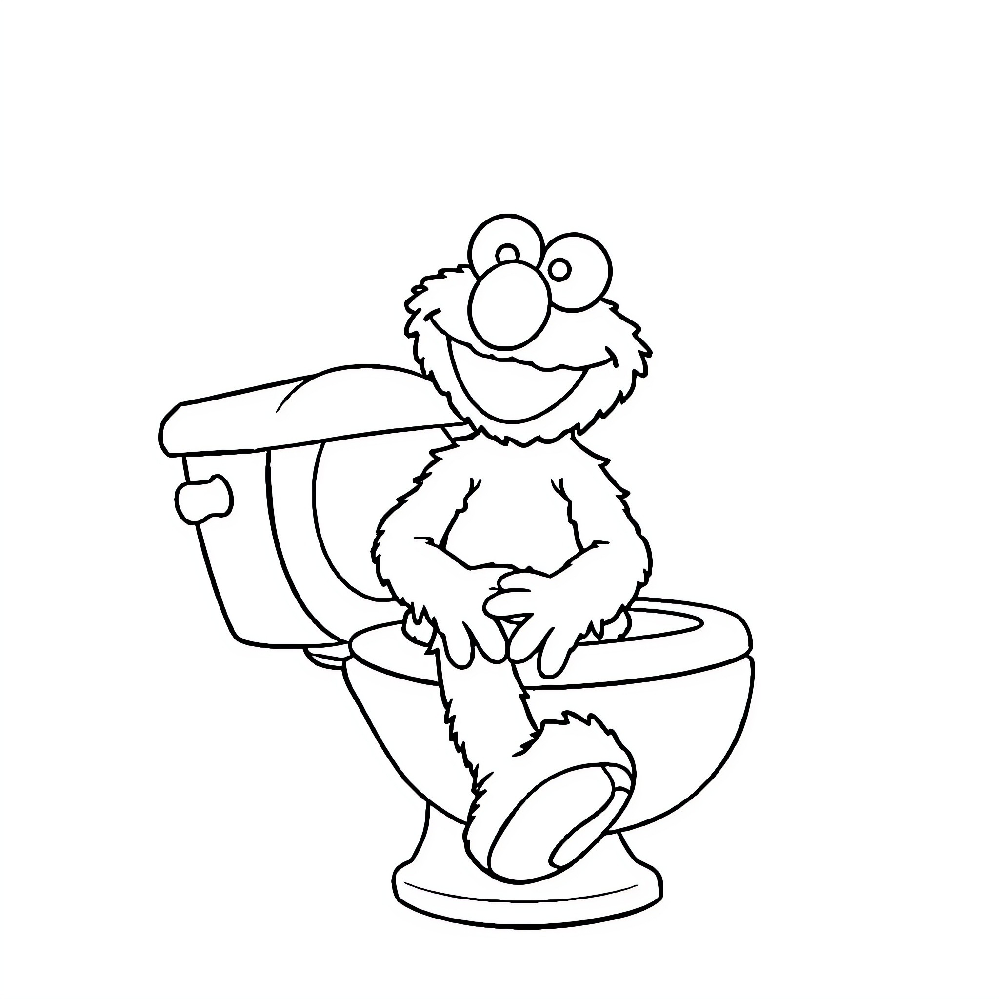 Elmo Sitting on the Toilet Coloring Page (free black-and-white line drawing printable PDF for all, from beginners to advanced learners, including children, teens, adults, and seniors)