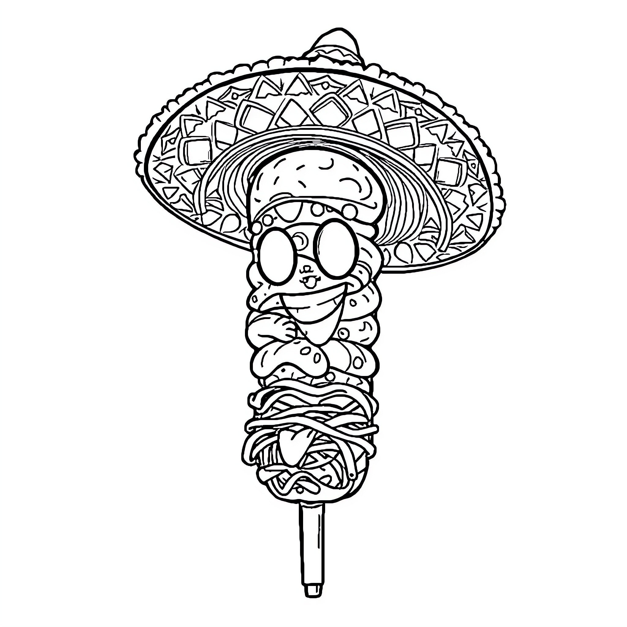 Döner kebab character in traditional Mexican attire Coloring Page (free black-and-white line drawing printable PDF for all, from beginners to advanced learners, including children, teens, adults, and seniors)