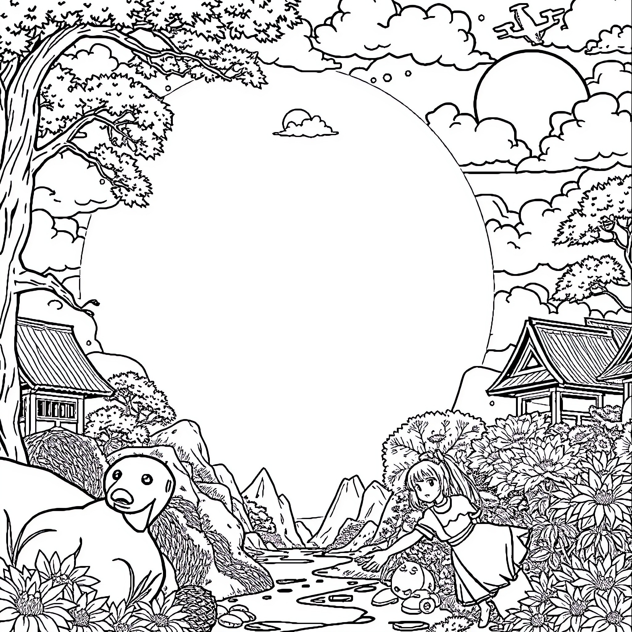 Anime World: Children Playing in Enchanted Landscape Coloring Page (free black-and-white line drawing printable PDF for all, from beginners to advanced learners, including children, teens, adults, and seniors)
