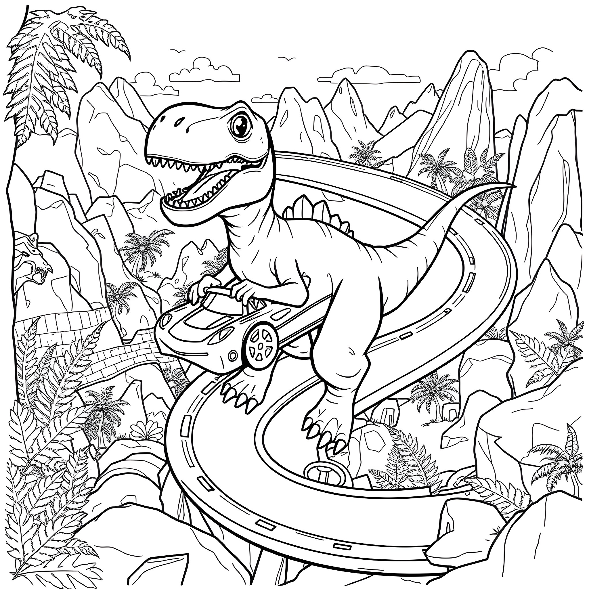 Dinosaur riding a car through the prehistoric landscape Coloring Page (free black-and-white line drawing printable PDF for all, from beginners to advanced learners, including children, teens, adults, and seniors)