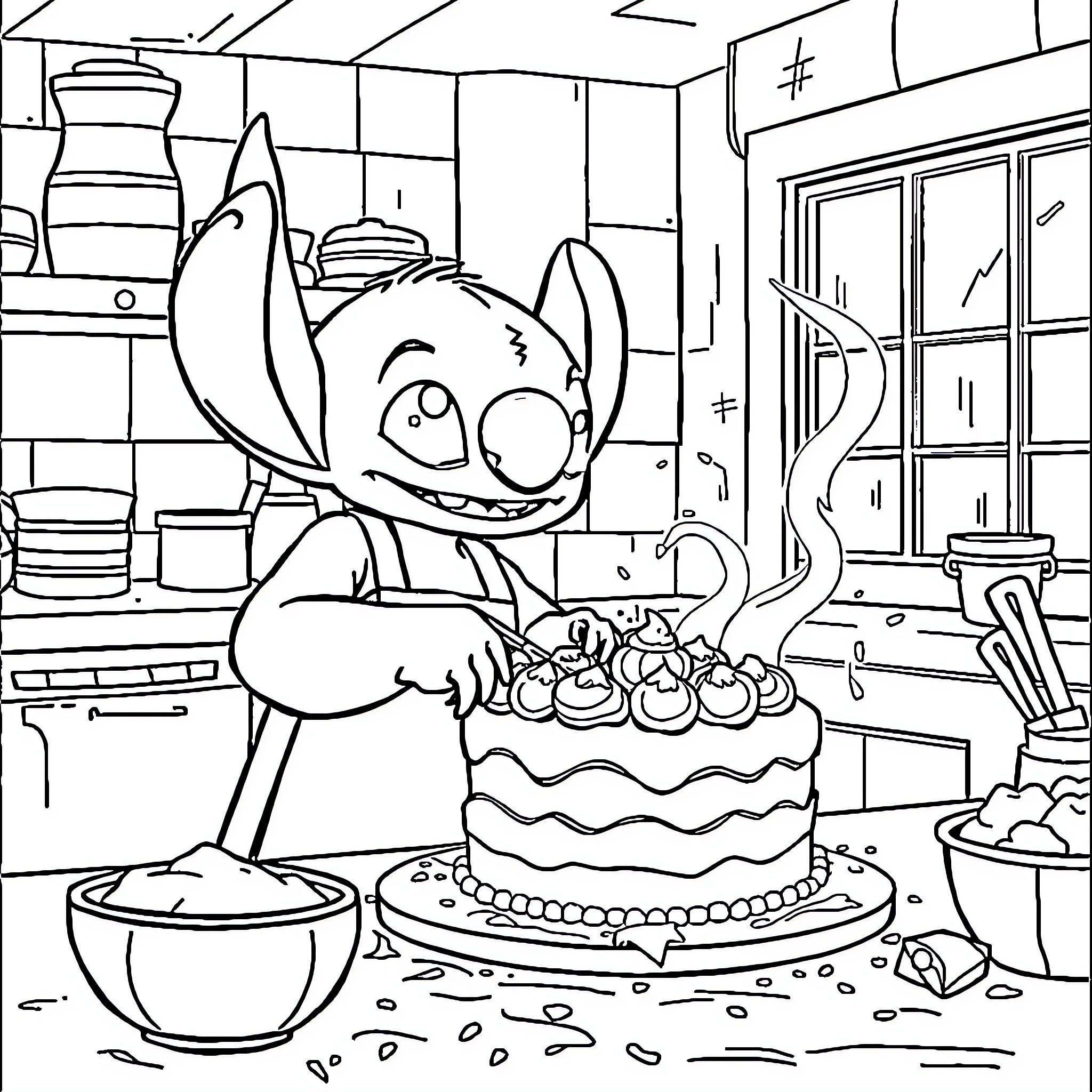 Stitch baking a cake in the kitchen Coloring Page (free black-and-white line drawing printable PDF for all, from beginners to advanced learners, including children, teens, adults, and seniors)
