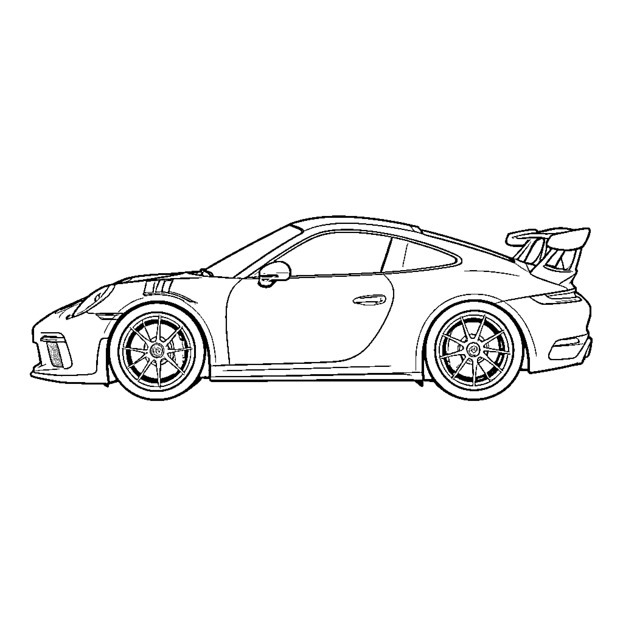 Porsche 911 GT3 parked in a side profile view Coloring Page (free black-and-white line drawing printable PDF for all, from beginners to advanced learners, including children, teens, adults, and seniors)