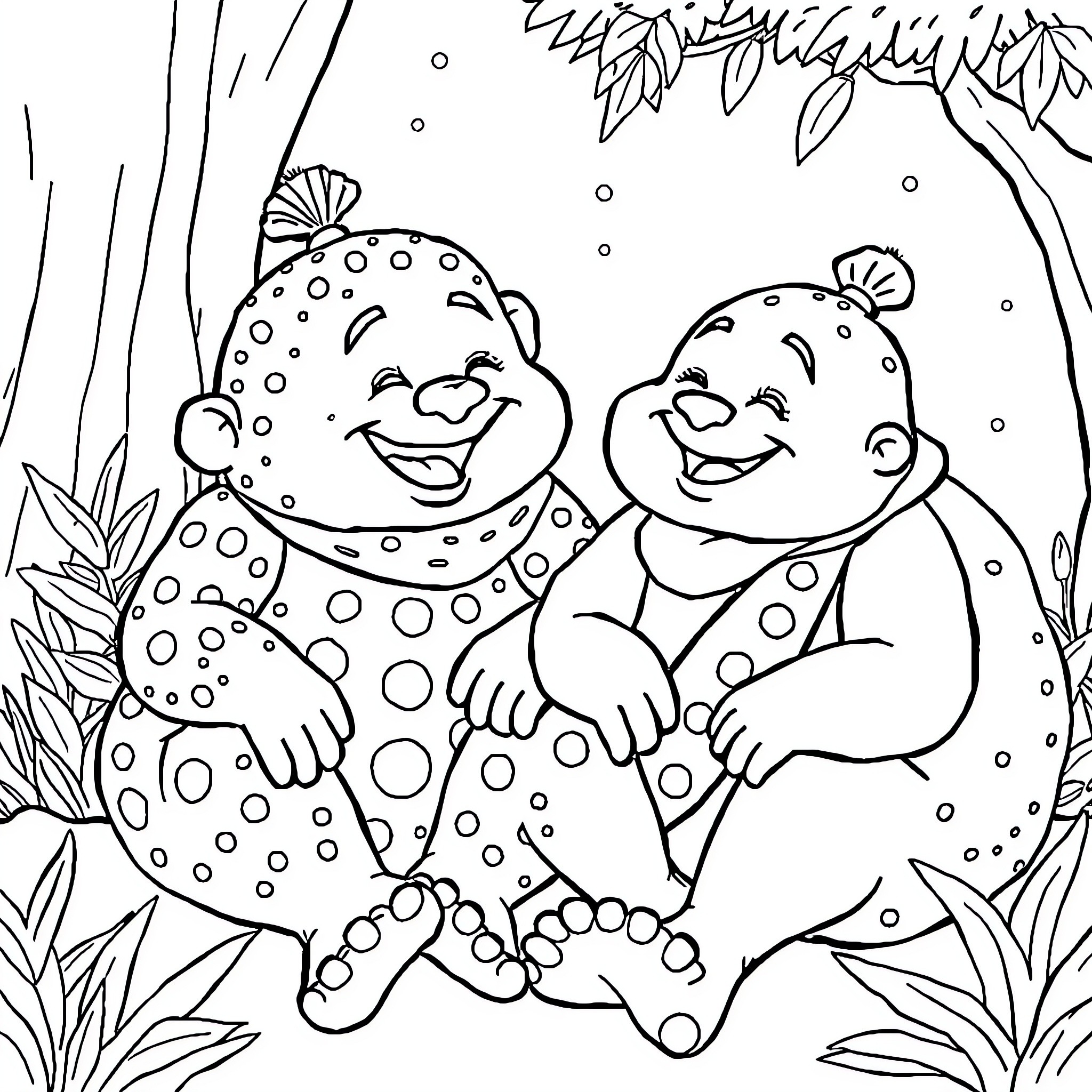 Bubu & Dud playing happily in the jungle Coloring Page (free black-and-white line drawing printable PDF for all, from beginners to advanced learners, including children, teens, adults, and seniors)