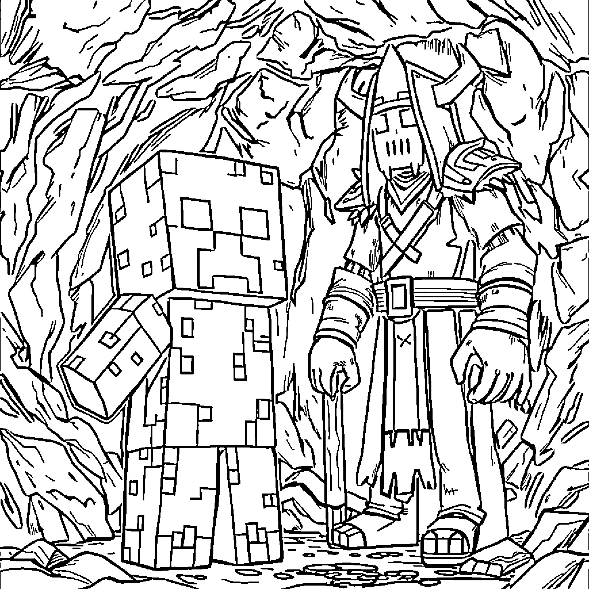 Minecraft Creeper Facing Armored Knight in Cave Coloring Page (free black-and-white line drawing printable PDF for all, from beginners to advanced learners, including children, teens, adults, and seniors)