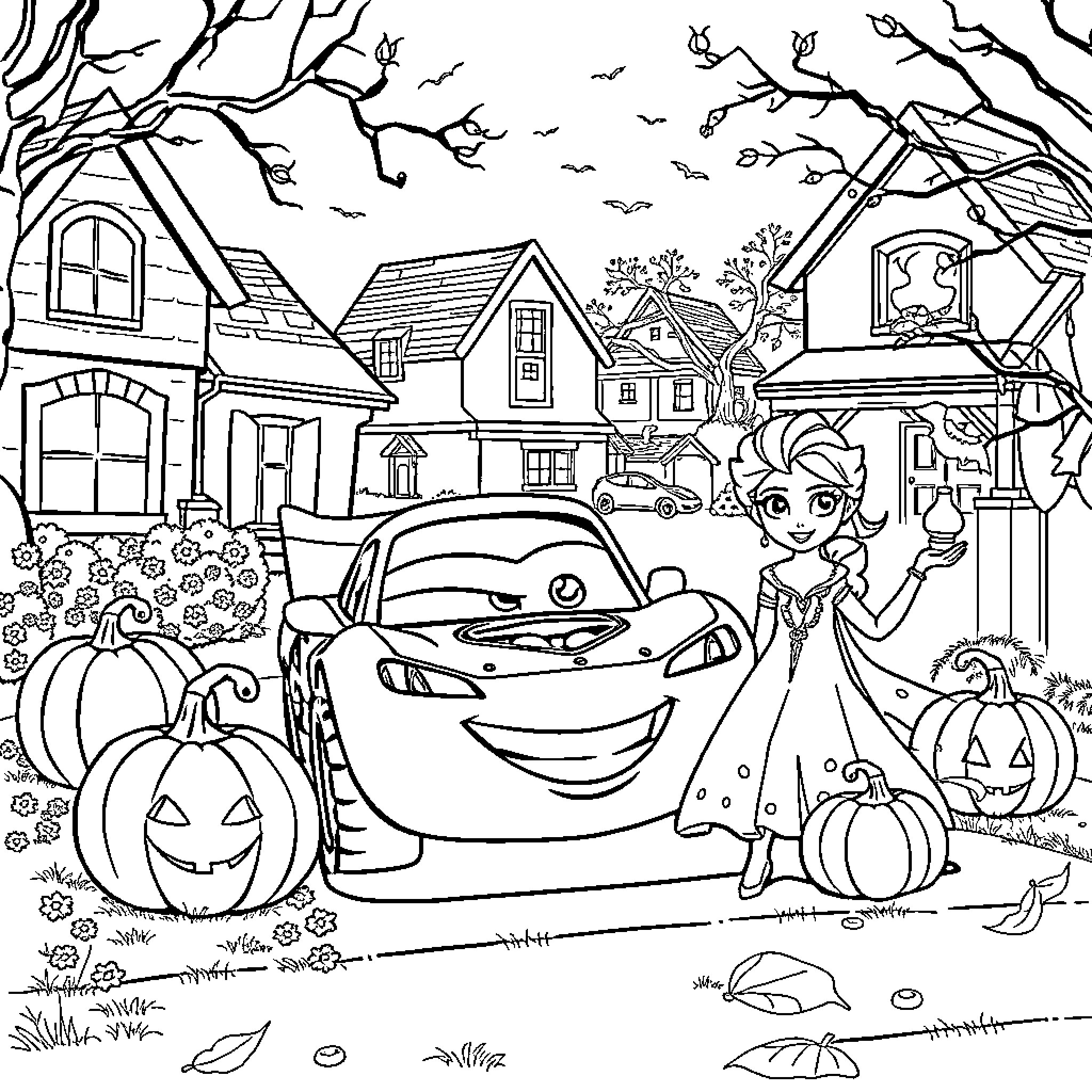 Lightening McQueen's Spooky Halloween Adventure Coloring Page (free black-and-white line drawing printable PDF for all, from beginners to advanced learners, including children, teens, adults, and seniors)