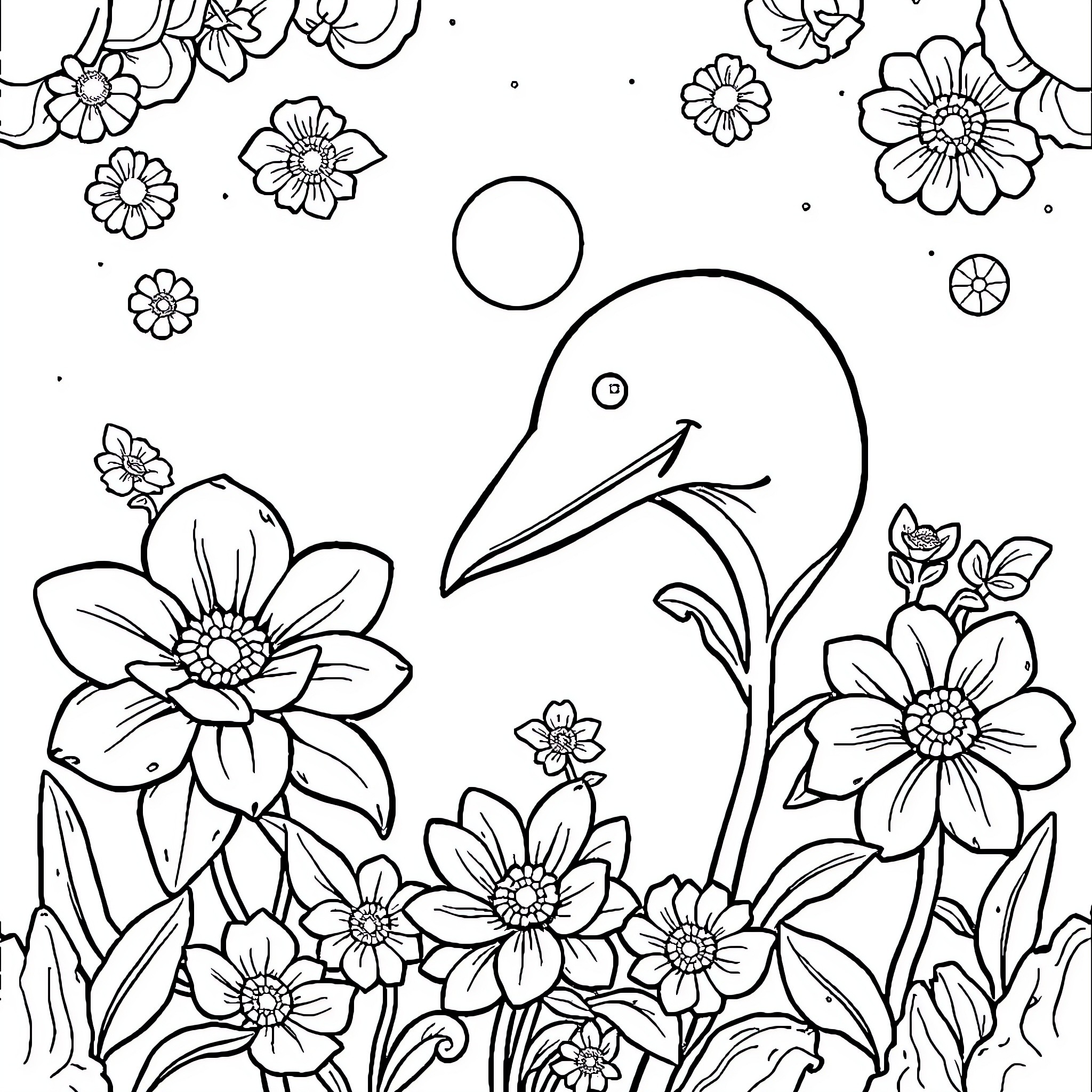 Get whimsical with playful flowers and birds Coloring Page (free black-and-white line drawing printable PDF for all, from beginners to advanced learners, including children, teens, adults, and seniors)