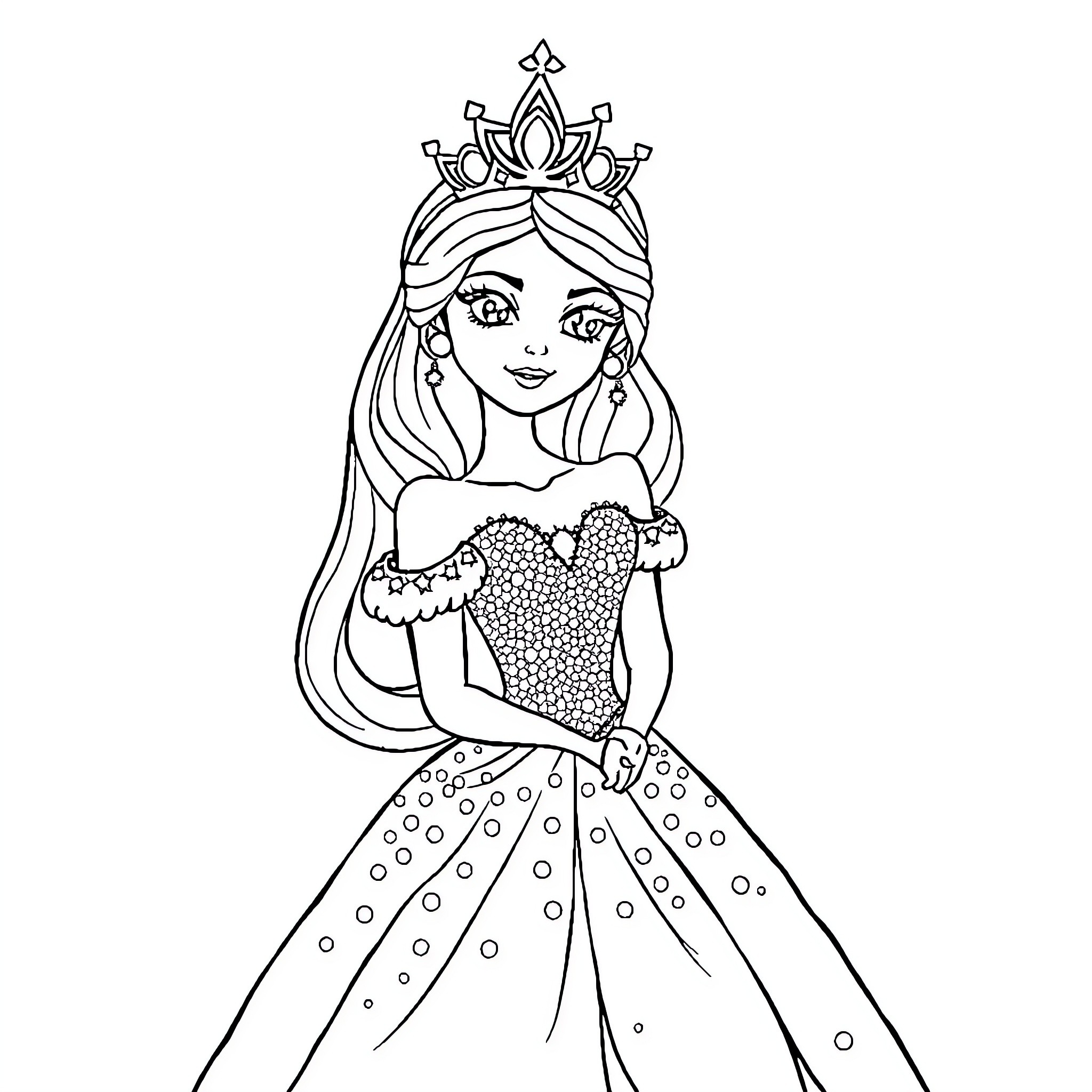 Princess in a Sparkling Gown Smiling Joyfully Coloring Page (free black-and-white line drawing printable PDF for all, from beginners to advanced learners, including children, teens, adults, and seniors)