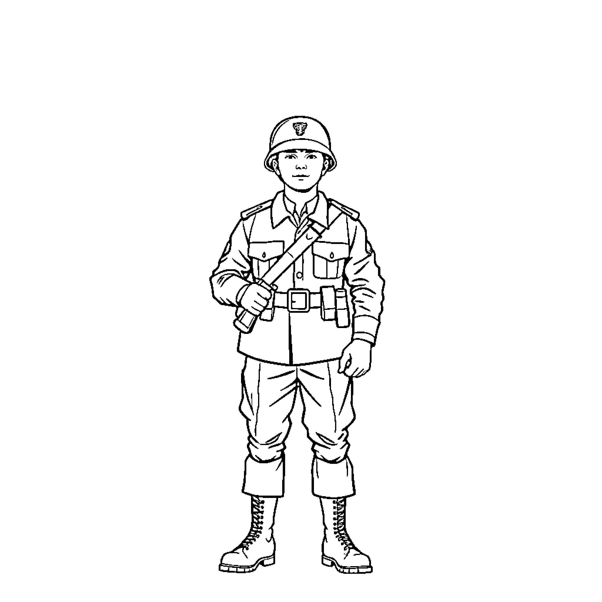 Soldier in military uniform standing at attention Coloring Page (free black-and-white line drawing printable PDF for all, from beginners to advanced learners, including children, teens, adults, and seniors)