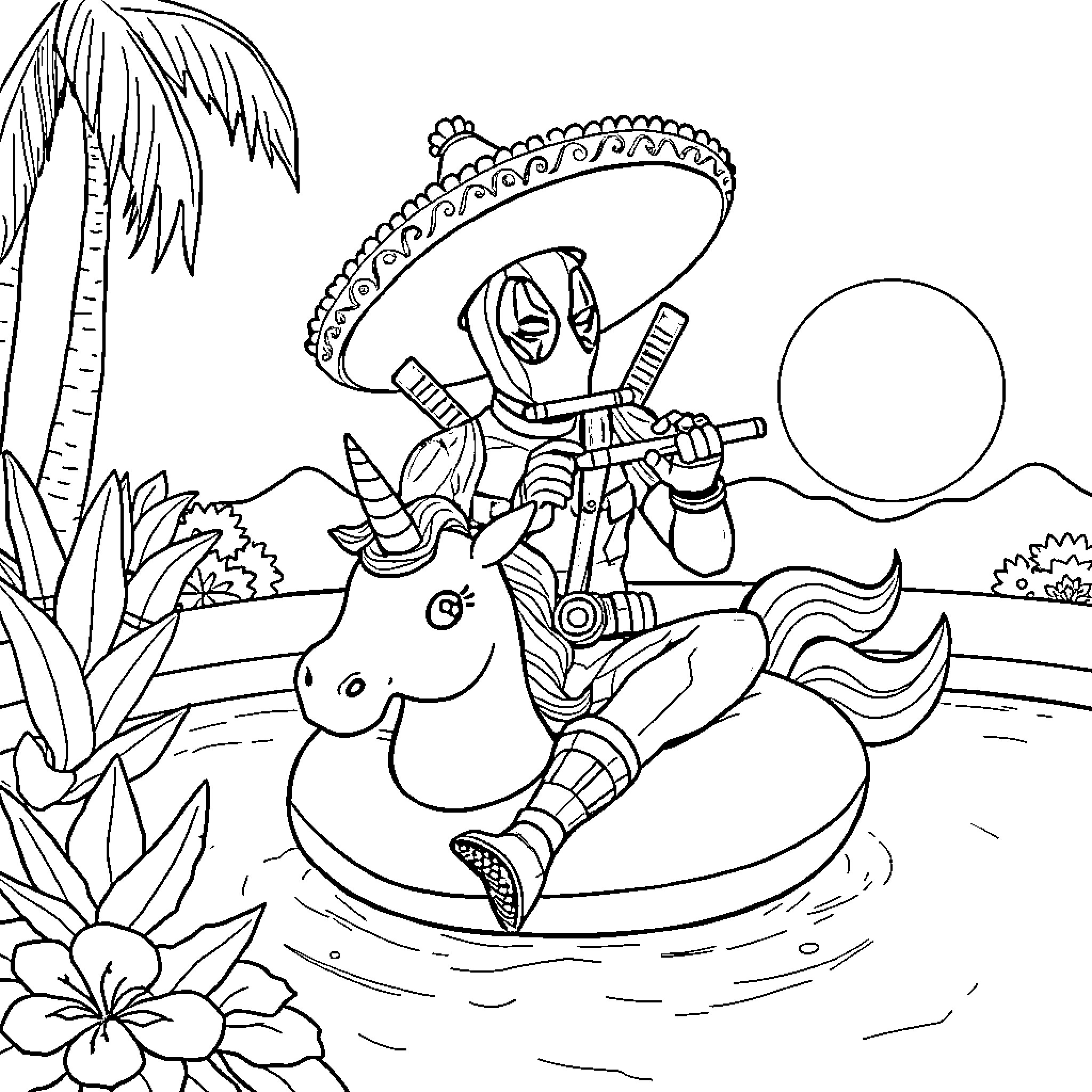 Deadpool riding unicorn in tropical setting Coloring Page (free black-and-white line drawing printable PDF for all, from beginners to advanced learners, including children, teens, adults, and seniors)