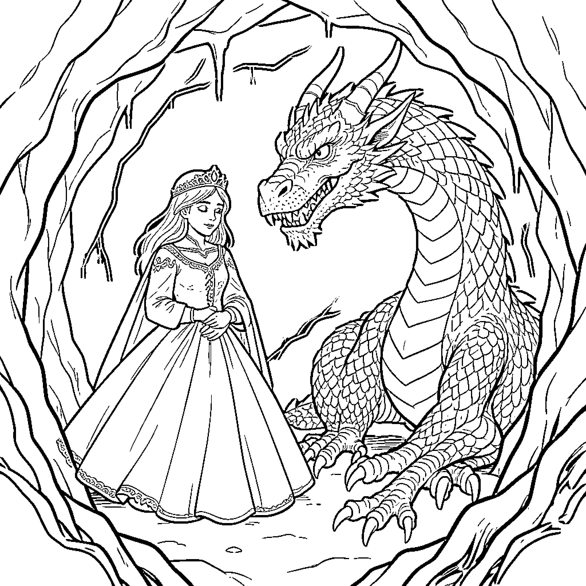 Princess meeting a large dragon in a forest Coloring Page (free black-and-white line drawing printable PDF for all, from beginners to advanced learners, including children, teens, adults, and seniors)