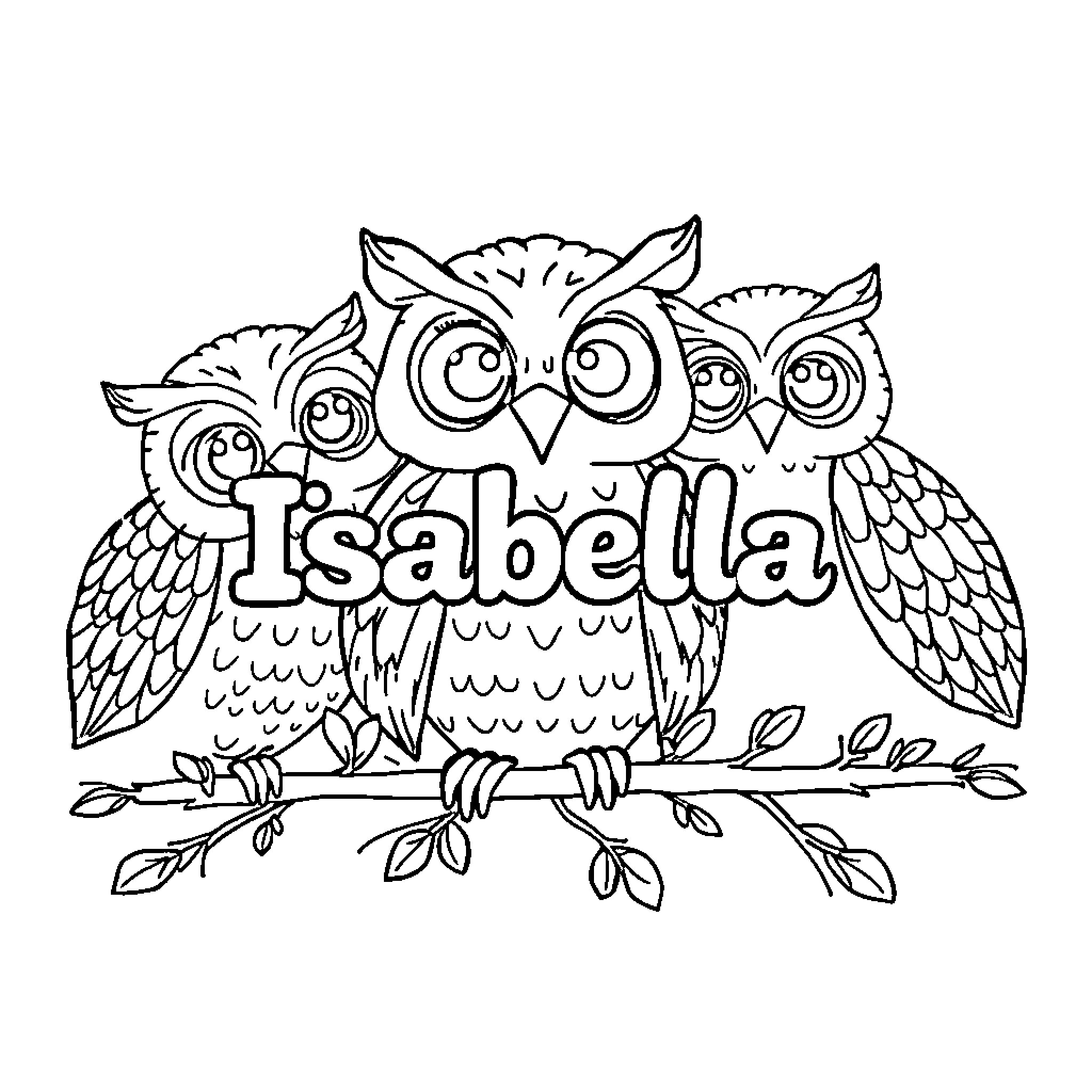 Owl Family Gathered with Name 'Isabella' Coloring Page (free black-and-white line drawing printable PDF for all, from beginners to advanced learners, including children, teens, adults, and seniors)