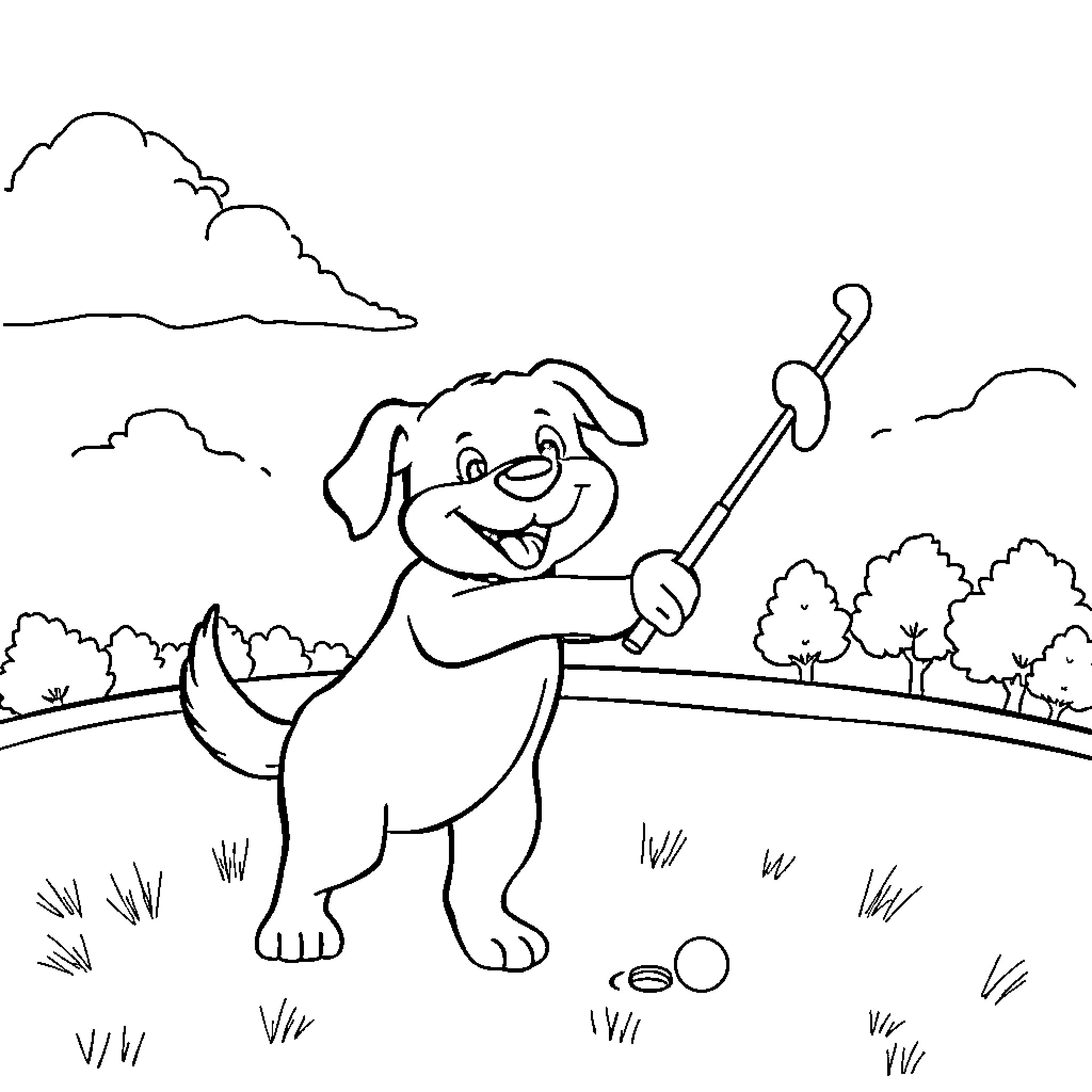 Dog playing with toy in outdoor park scene Coloring Page (free black-and-white line drawing printable PDF for all, from beginners to advanced learners, including children, teens, adults, and seniors)