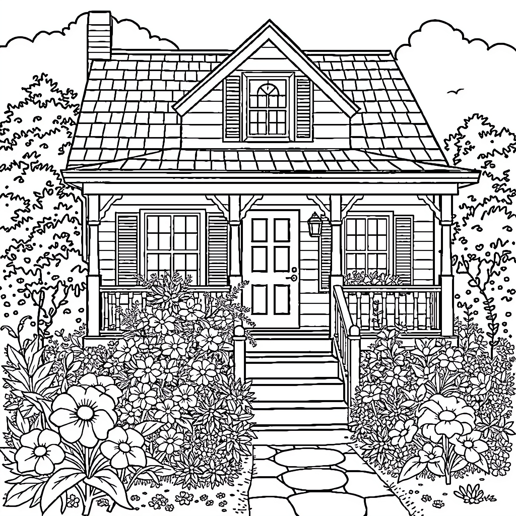 House with Flowers and Landscaping Coloring Page (free black-and-white line drawing printable PDF for all, from beginners to advanced learners, including children, teens, adults, and seniors)