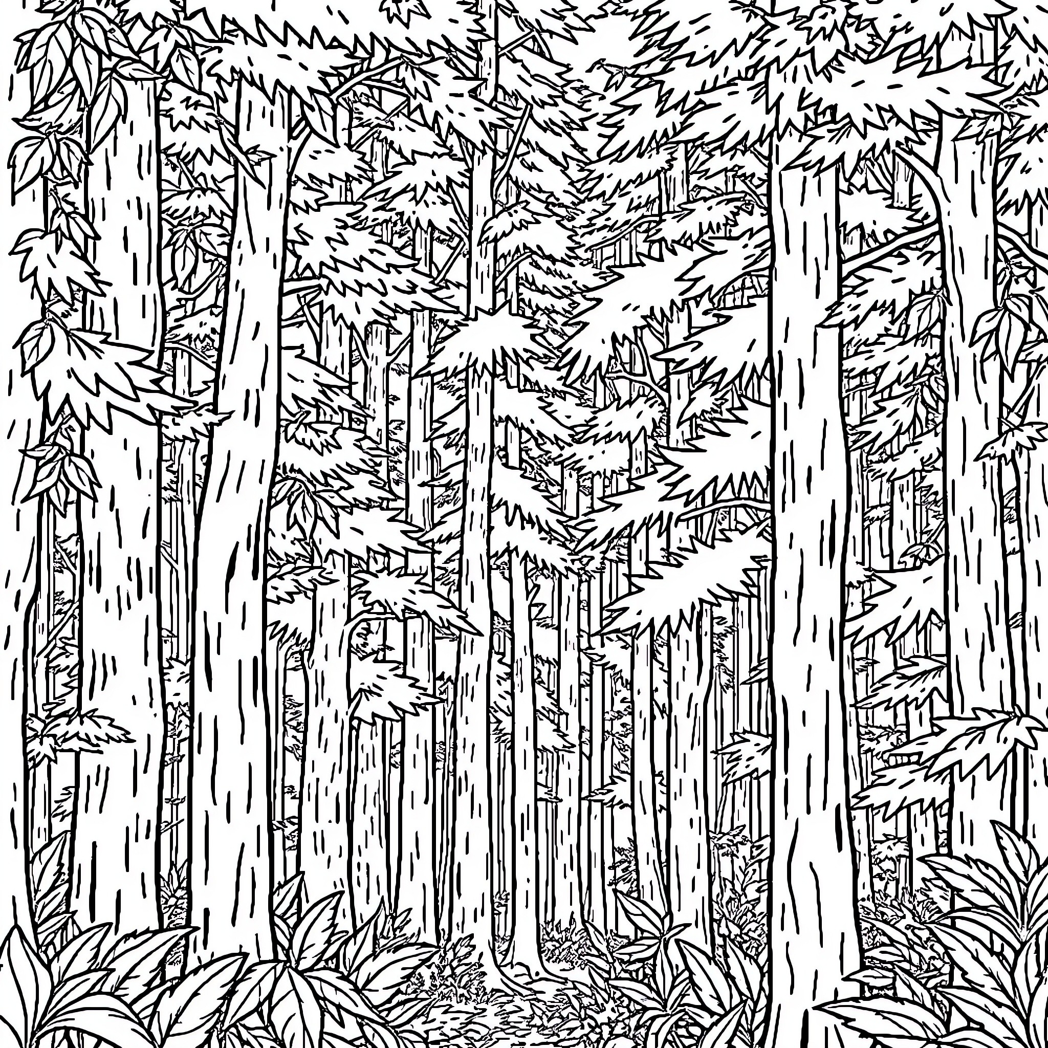 Forest of Intricate Foliage and Towering Trees Coloring Page (free black-and-white line drawing printable PDF for all, from beginners to advanced learners, including children, teens, adults, and seniors)