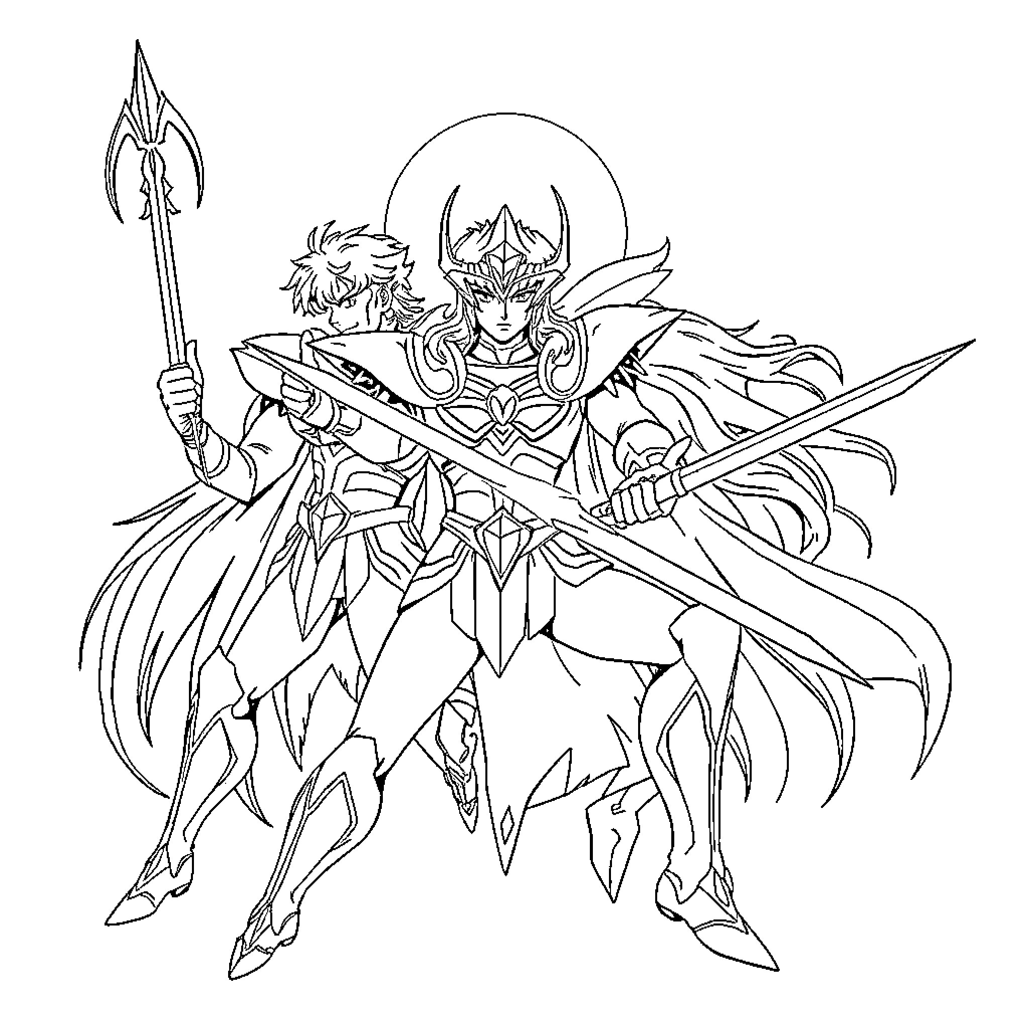 Saint Seiya: Fierce Warrior in Armored Battle Stance Coloring Page (free black-and-white line drawing printable PDF for all, from beginners to advanced learners, including children, teens, adults, and seniors)