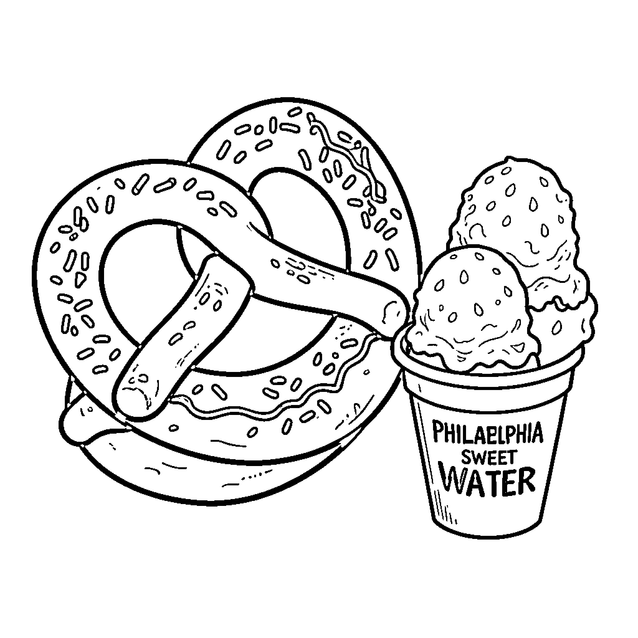 Pretzel sitting next to a cup of ice cream Coloring Page (free black-and-white line drawing printable PDF for all, from beginners to advanced learners, including children, teens, adults, and seniors)