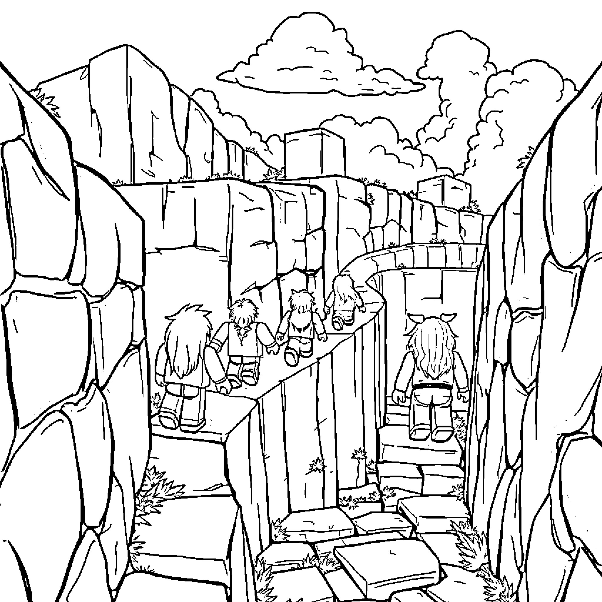 Roblox Character Exploring a Mountainous Landscape Coloring Page (free black-and-white line drawing printable PDF for all, from beginners to advanced learners, including children, teens, adults, and seniors)