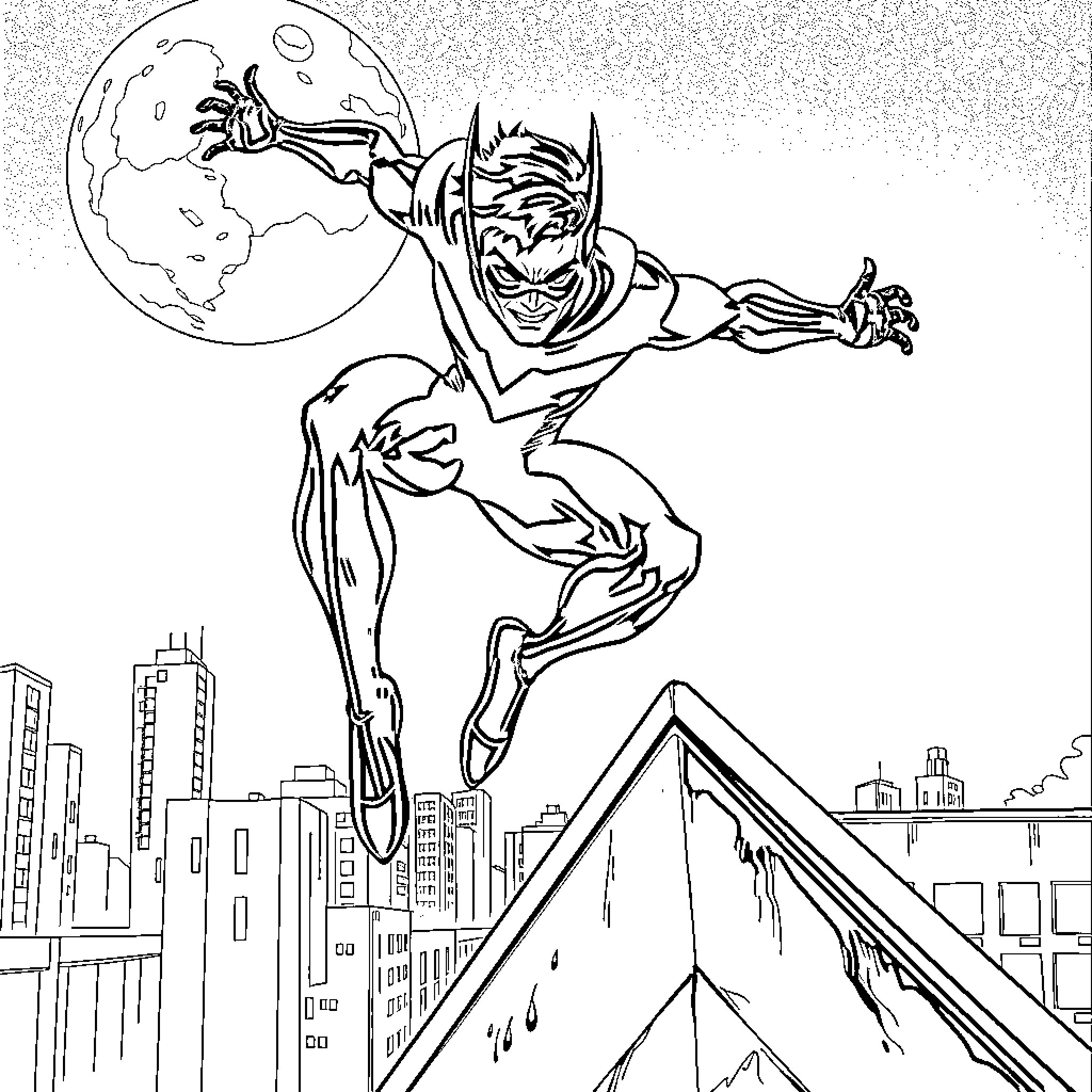 Nightwing leaping through a moonlit city skyline Coloring Page (free black-and-white line drawing printable PDF for all, from beginners to advanced learners, including children, teens, adults, and seniors)