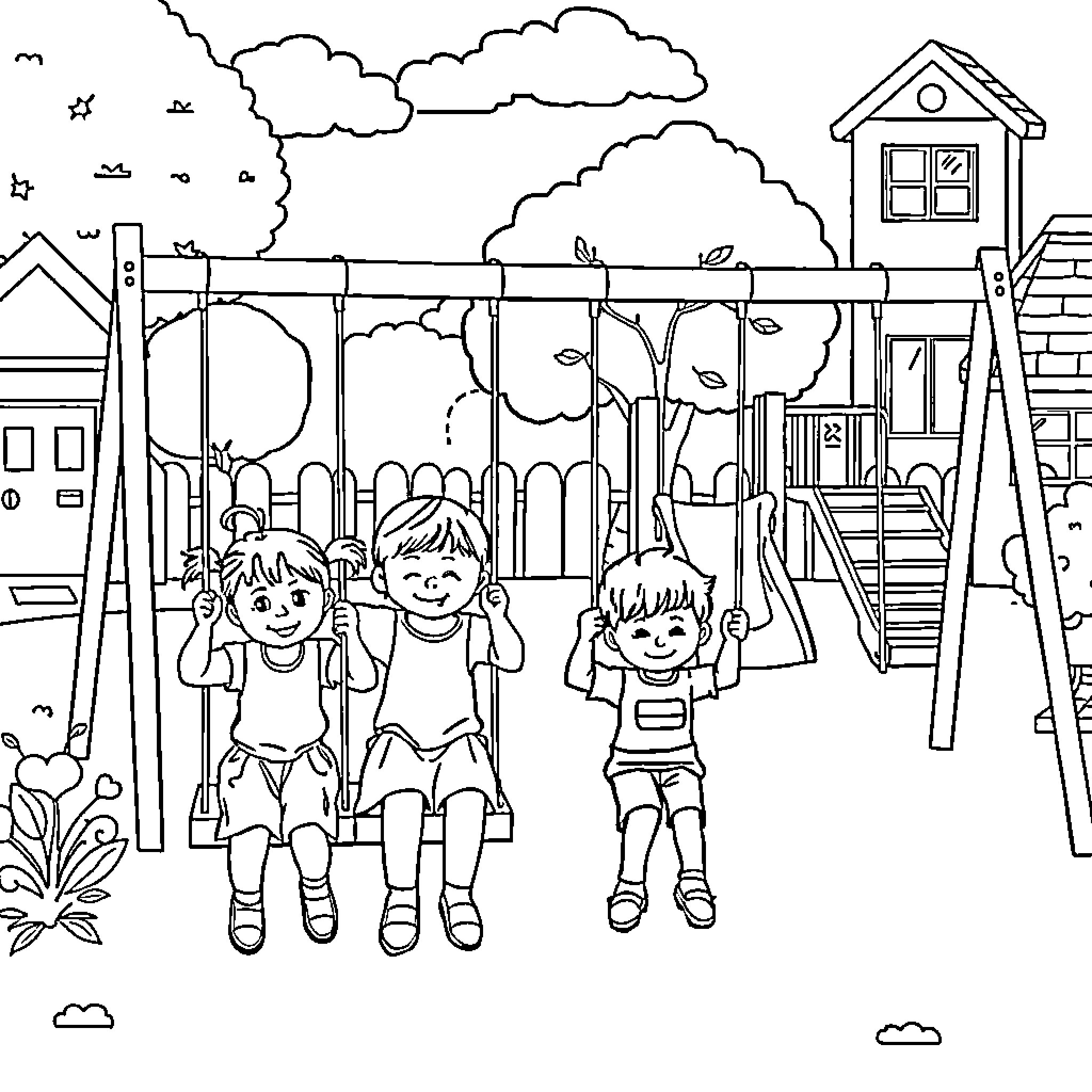 Kids playing happily in the playground Coloring Page (free black-and-white line drawing printable PDF for all, from beginners to advanced learners, including children, teens, adults, and seniors)