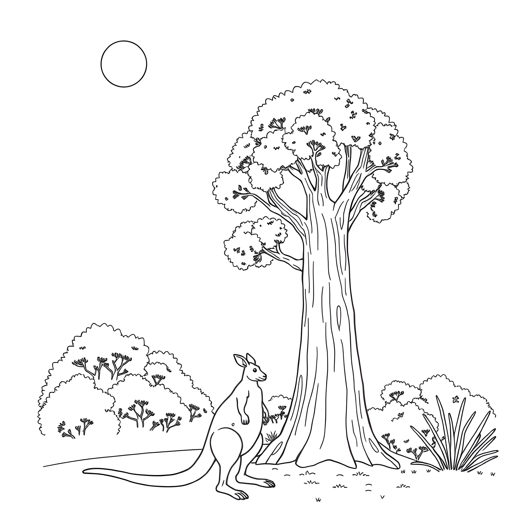 Kangaroo sitting under a tall tree Coloring Page (free black-and-white line drawing printable PDF for all, from beginners to advanced learners, including children, teens, adults, and seniors)
