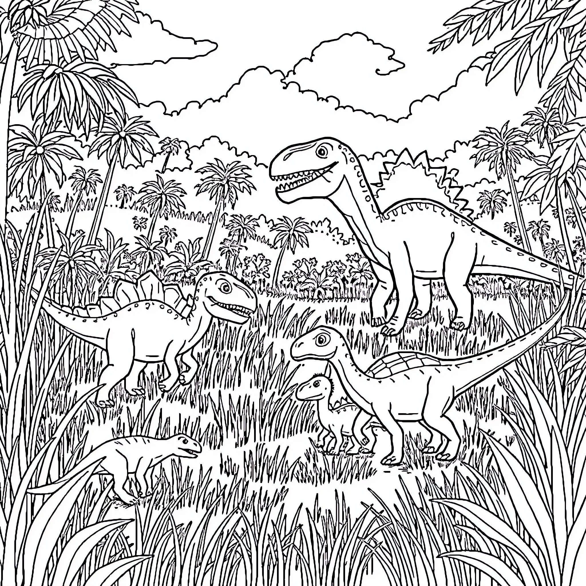 Dinosaurs roaming in prehistoric jungle landscape Coloring Page (free black-and-white line drawing printable PDF for all, from beginners to advanced learners, including children, teens, adults, and seniors)