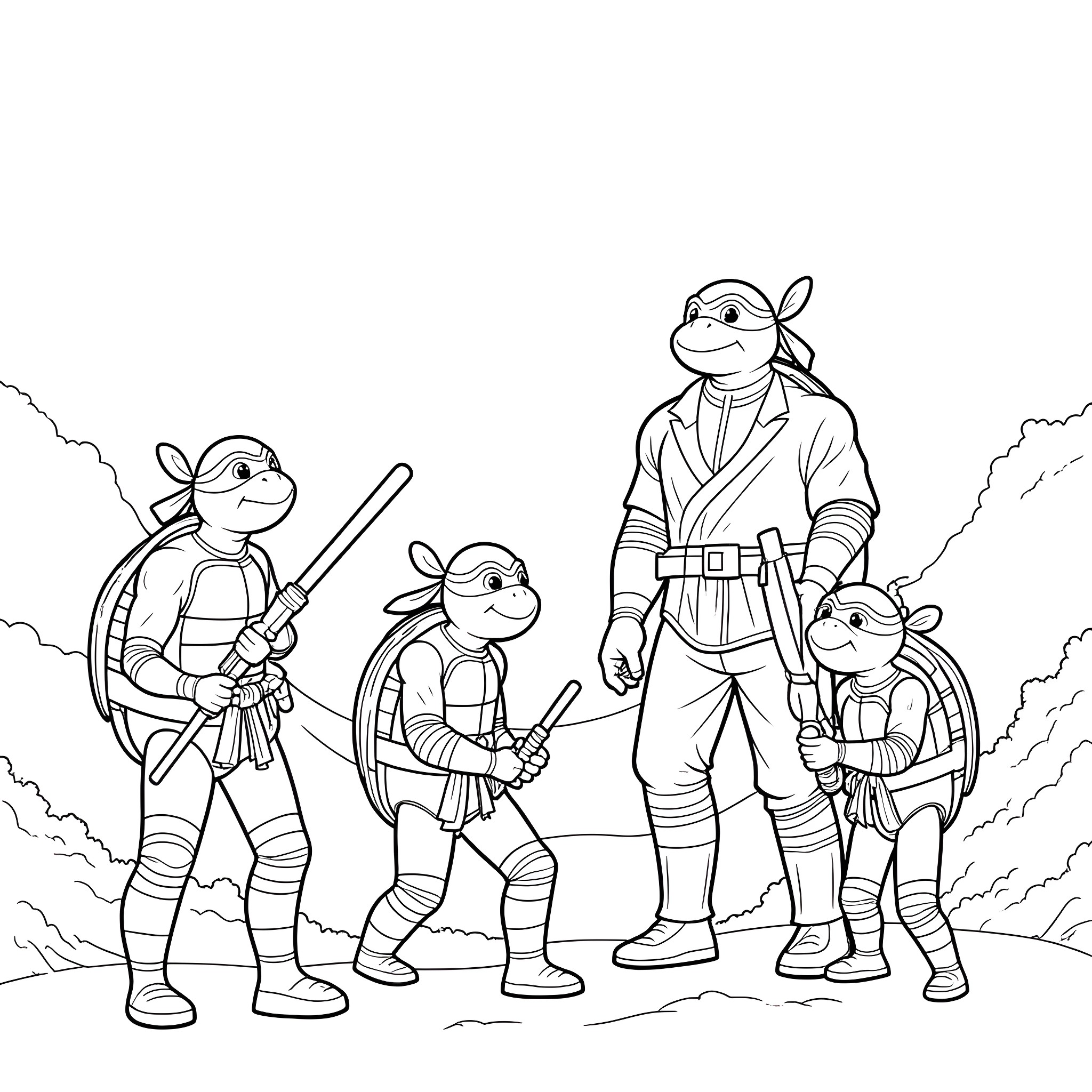 Ninja Turtles in action-packed adventure Coloring Page (free black-and-white line drawing printable PDF for all, from beginners to advanced learners, including children, teens, adults, and seniors)