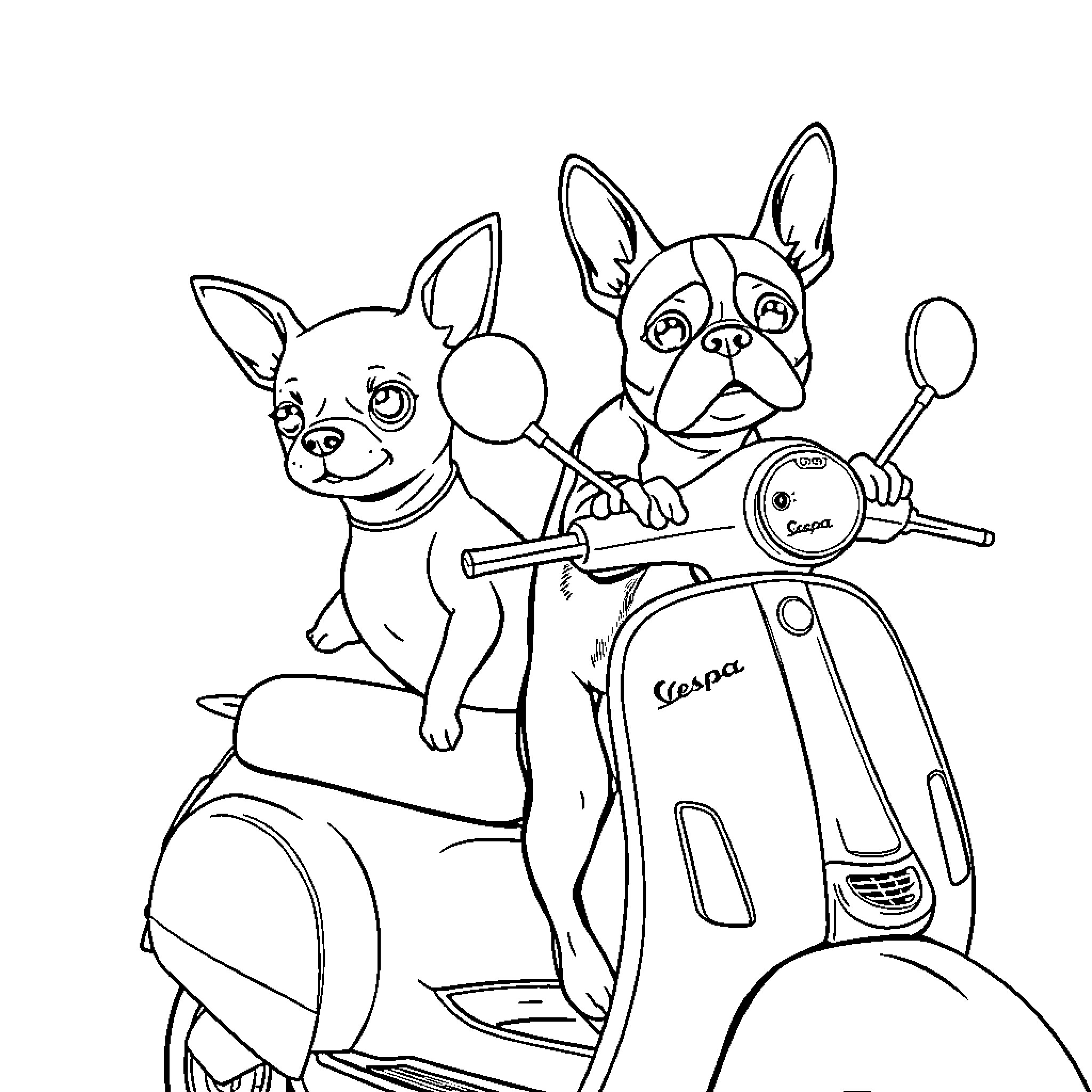 Dogs riding a scooter together Coloring Page (free black-and-white line drawing printable PDF for all, from beginners to advanced learners, including children, teens, adults, and seniors)
