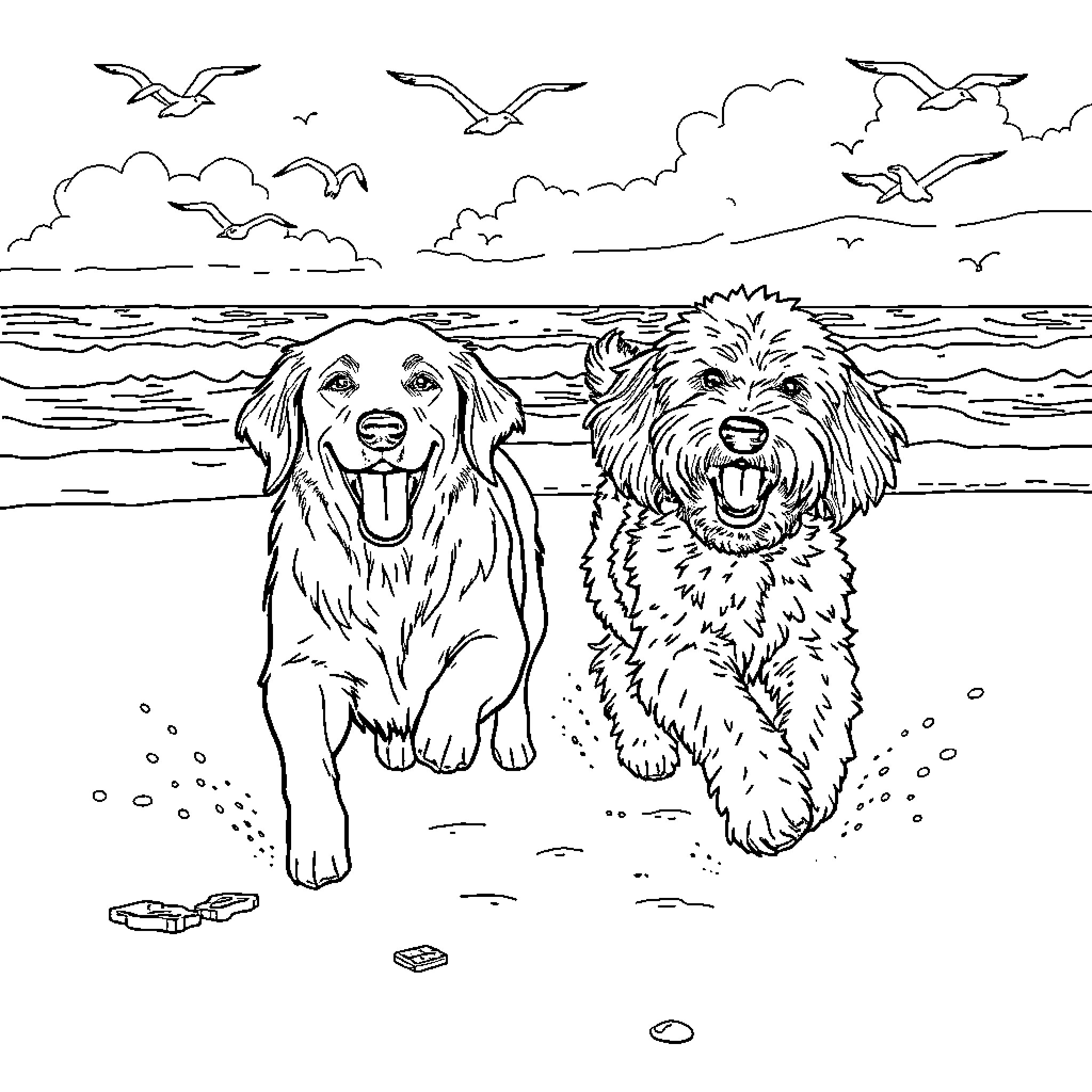 Dogs playing happily on the beach Coloring Page (free black-and-white line drawing printable PDF for all, from beginners to advanced learners, including children, teens, adults, and seniors)
