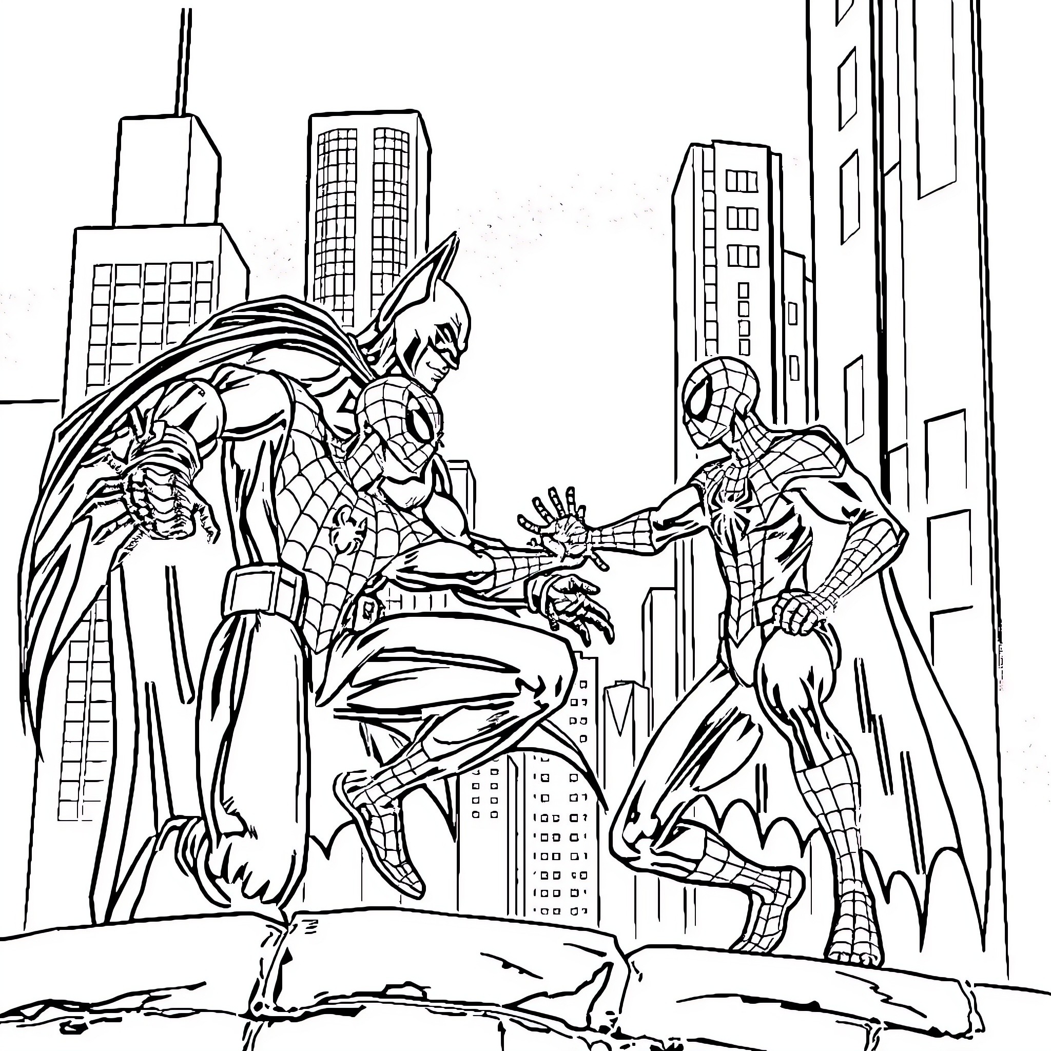 Batman and Spider-Man battling in the city Coloring Page (free black-and-white line drawing printable PDF for all, from beginners to advanced learners, including children, teens, adults, and seniors)