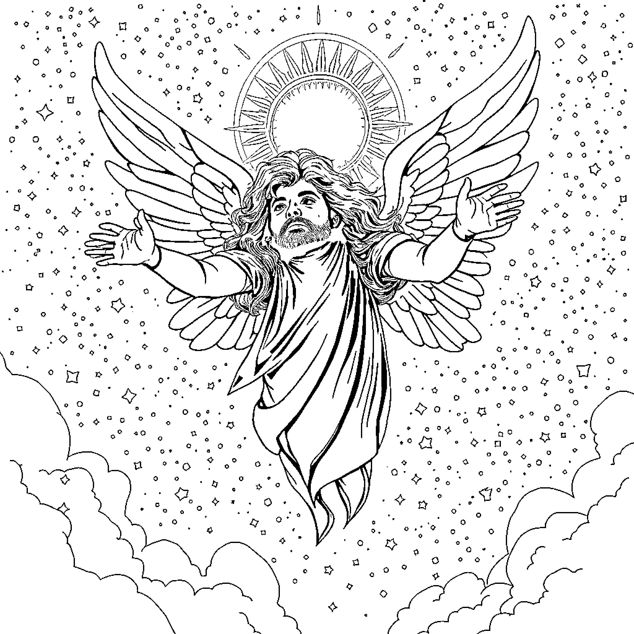 Jon Anderson as a celestial angelic figure in the heavens Coloring Page (free black-and-white line drawing printable PDF for all, from beginners to advanced learners, including children, teens, adults, and seniors)