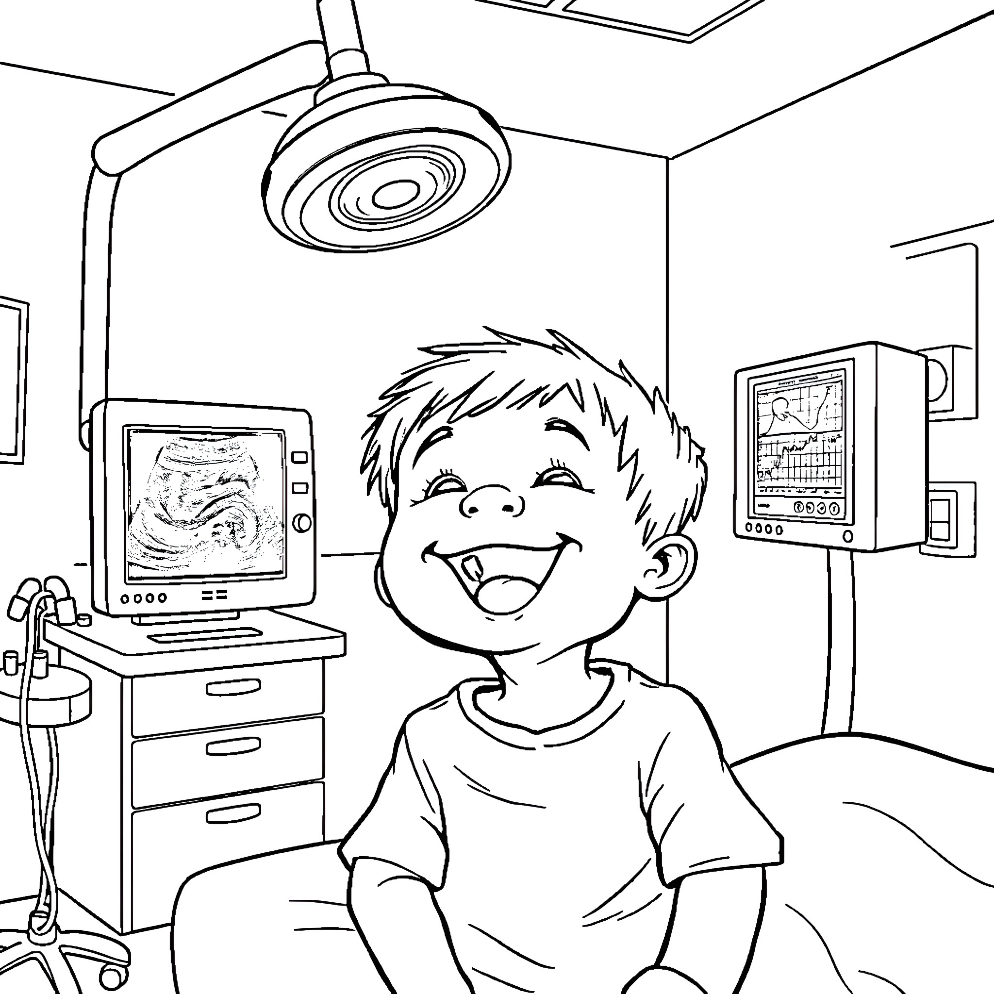 Child happily smiling in medical examination room Coloring Page (free black-and-white line drawing printable PDF for all, from beginners to advanced learners, including children, teens, adults, and seniors)