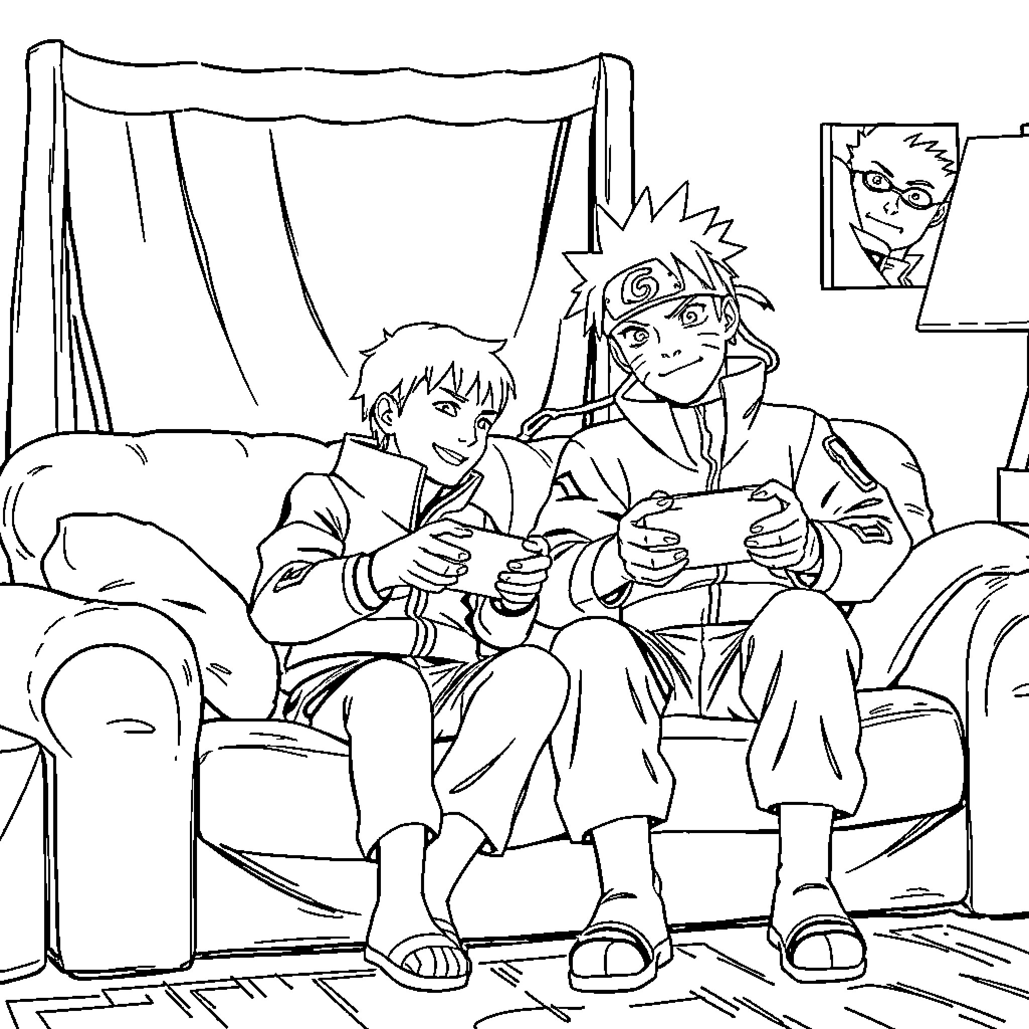 Naruto characters gaming together in their living room Coloring Page (free black-and-white line drawing printable PDF for all, from beginners to advanced learners, including children, teens, adults, and seniors)