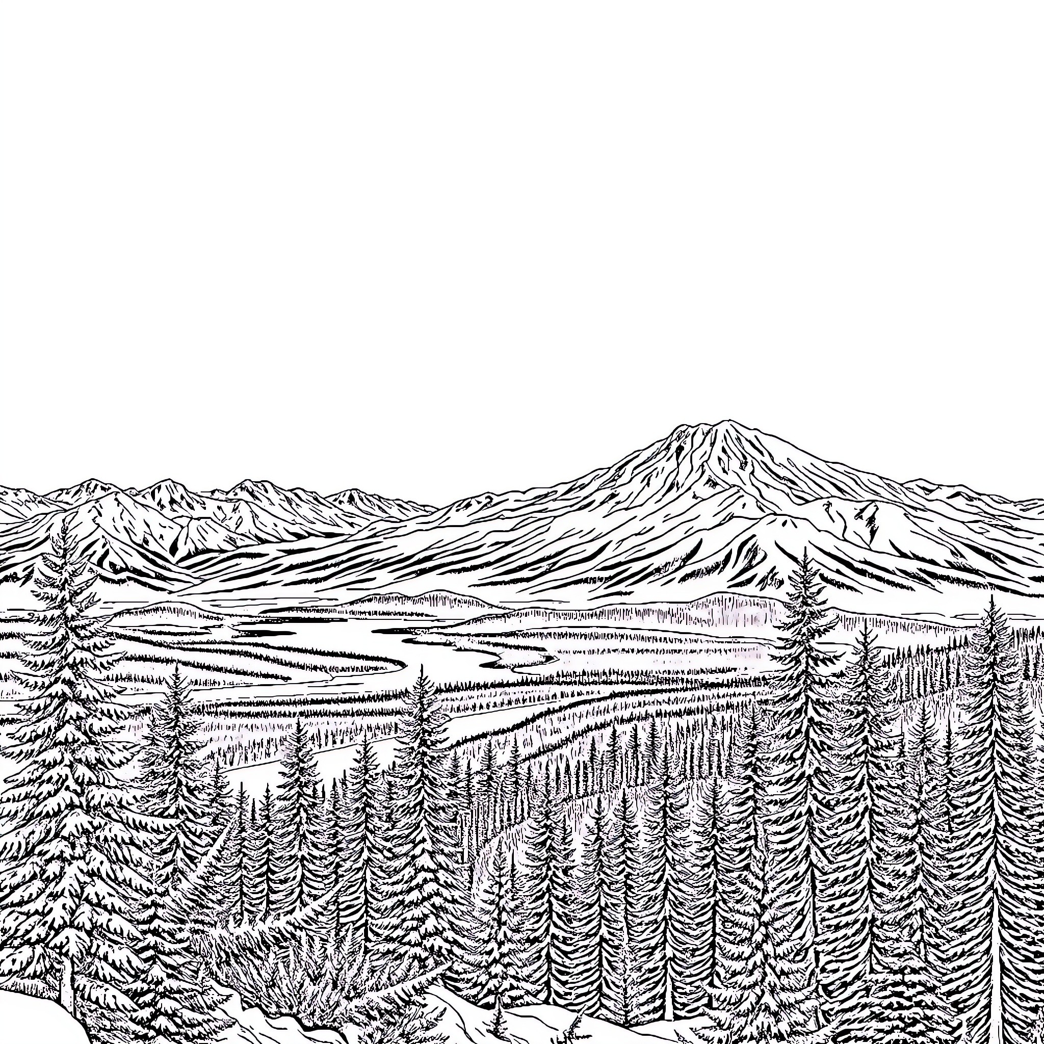 Sunrise over Majestic Mountain Landscape Coloring Page (free black-and-white line drawing printable PDF for all, from beginners to advanced learners, including children, teens, adults, and seniors)