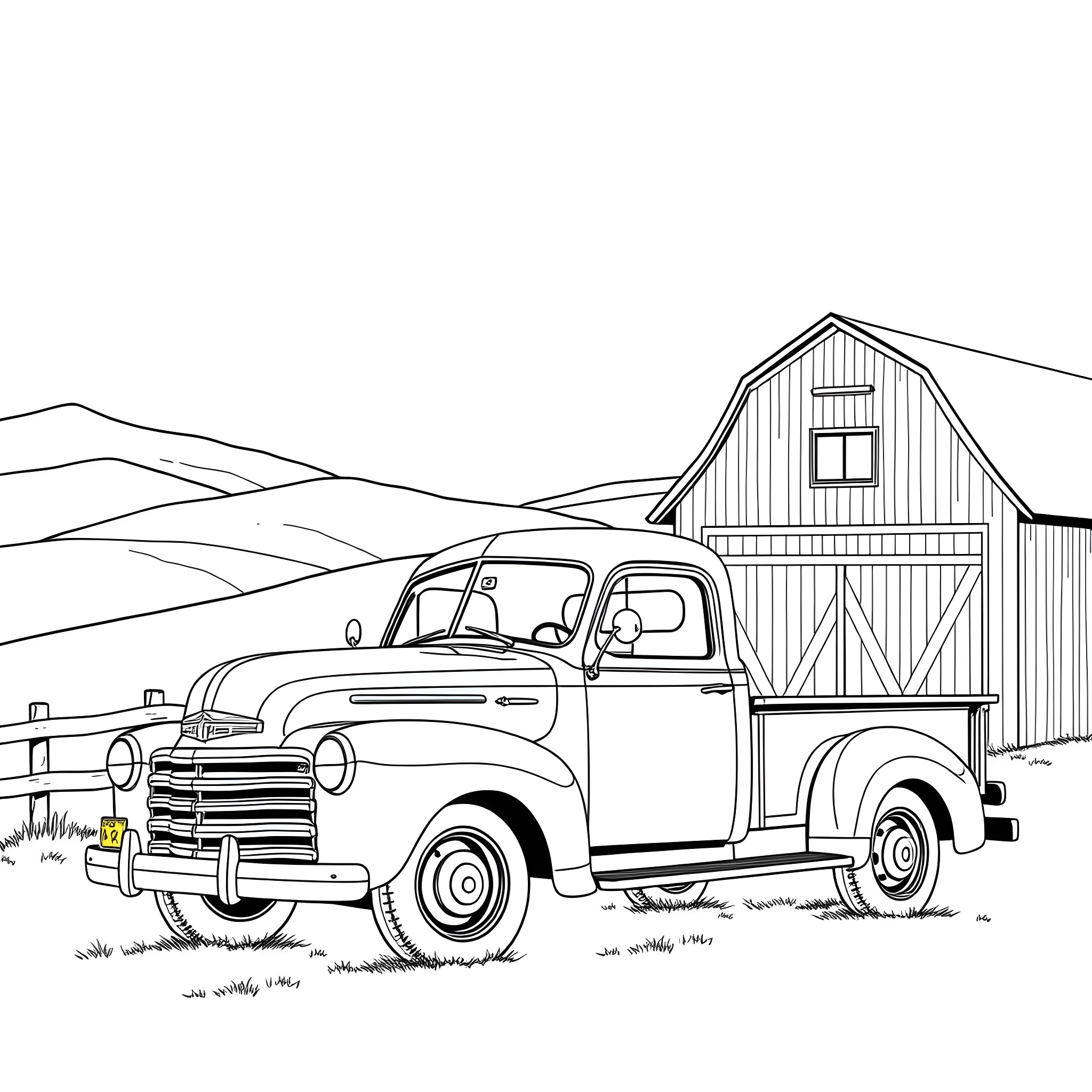 Truck parked in front of an old barn Coloring Page (free black-and-white line drawing printable PDF for all, from beginners to advanced learners, including children, teens, adults, and seniors)