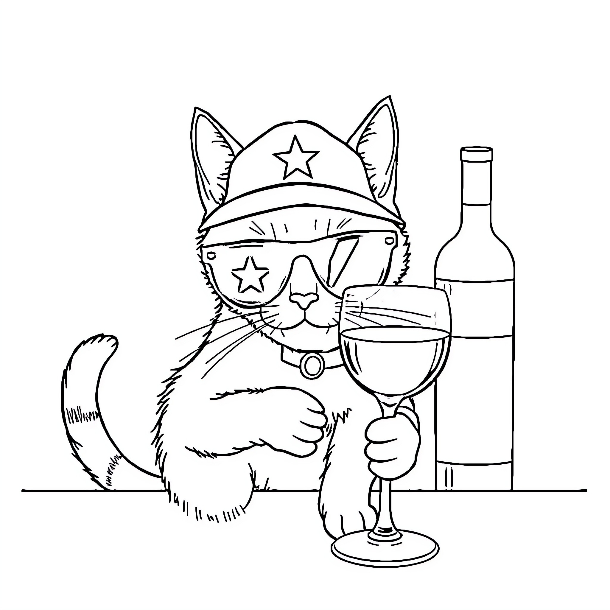 Cat in Sunglasses Enjoying Wine Coloring Page (free black-and-white line drawing printable PDF for all, from beginners to advanced learners, including children, teens, adults, and seniors)