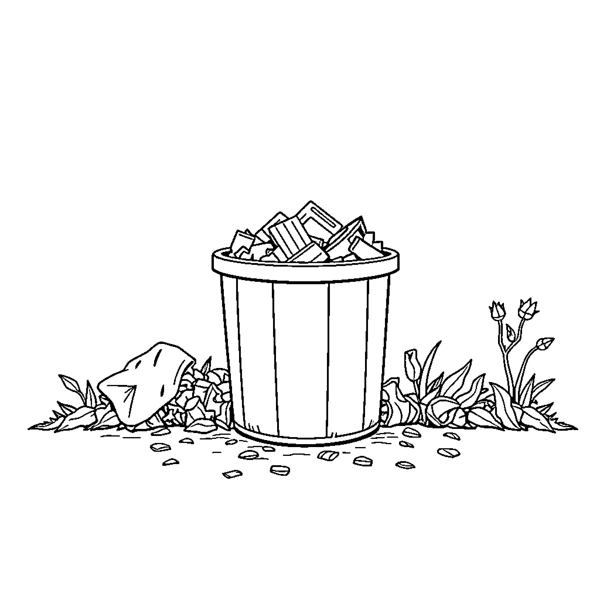 Trash bin filled with discarded items Coloring Page (free black-and-white line drawing printable PDF for all, from beginners to advanced learners, including children, teens, adults, and seniors)