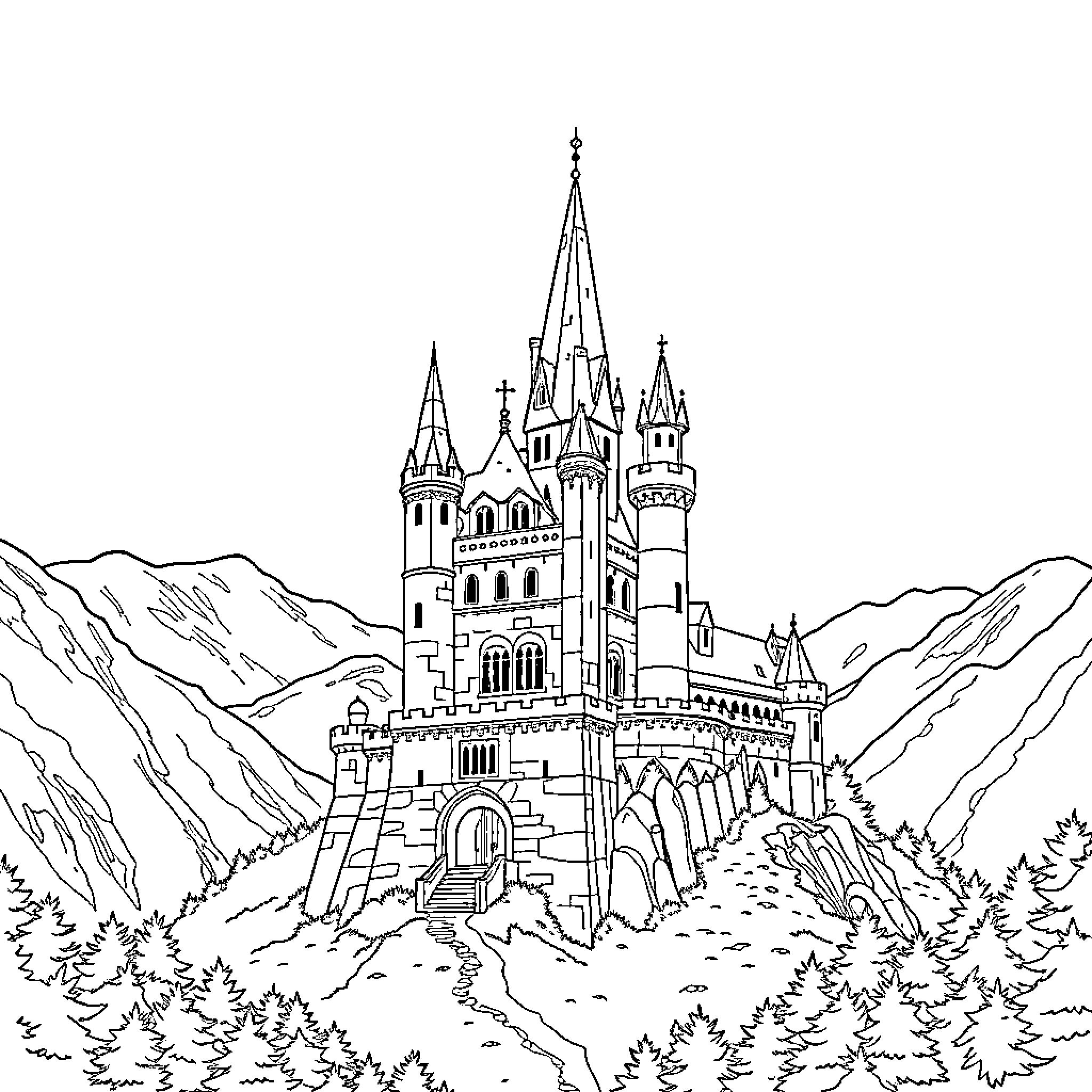 Castle of Enchanting Architecture in Mountainous Landscape Coloring Page (free black-and-white line drawing printable PDF for all, from beginners to advanced learners, including children, teens, adults, and seniors)